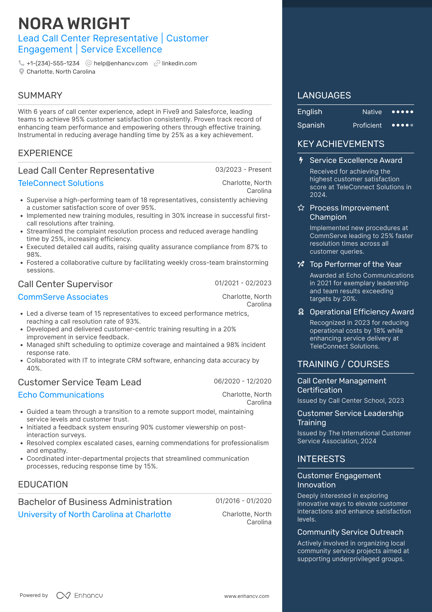 Lead Call Center Representative Resume Example