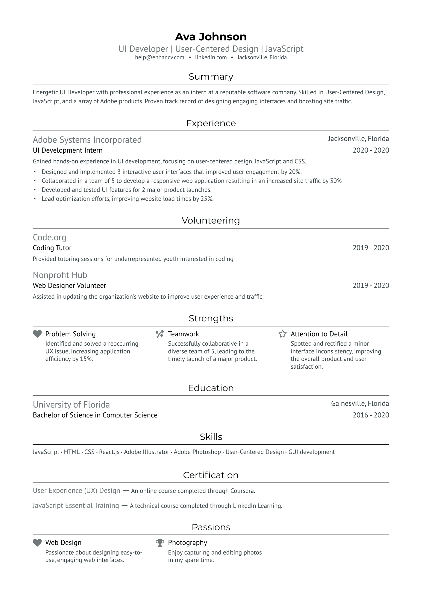 Entry Level UI Developer Resume Example