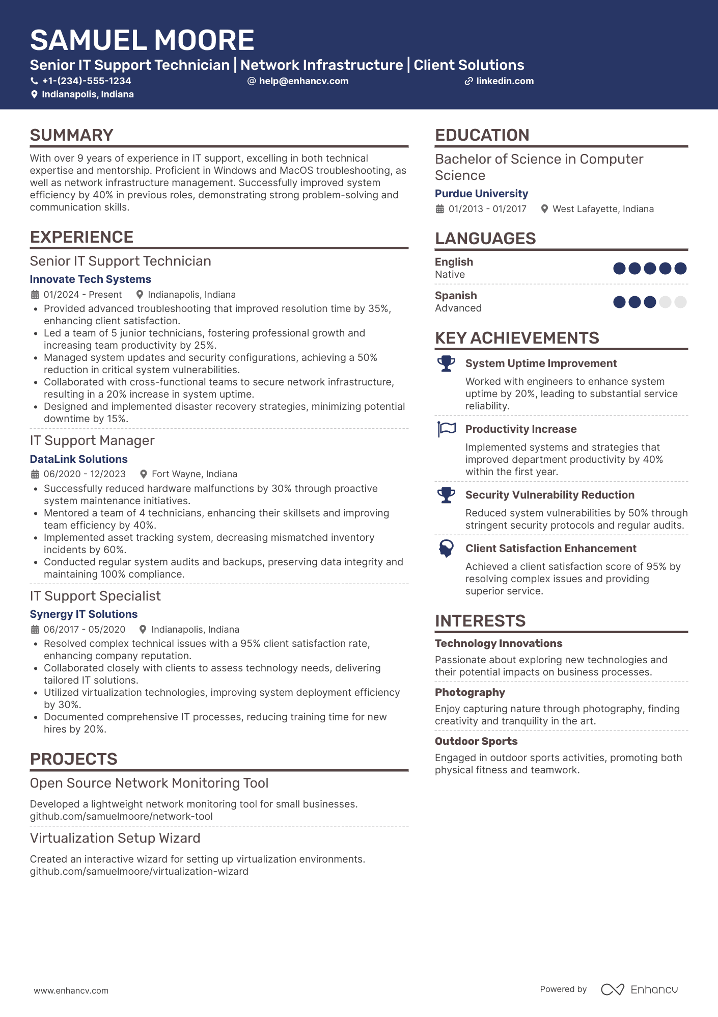 Senior IT Support Technician Resume Example