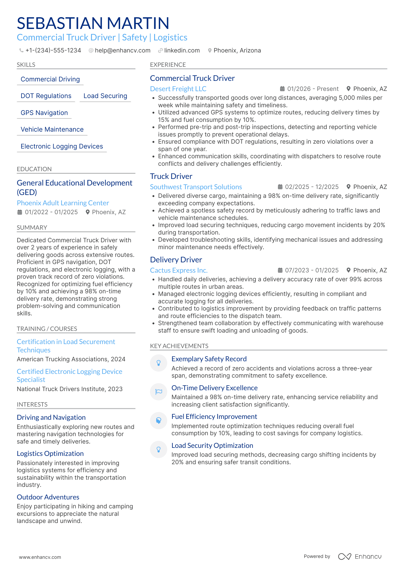 Commercial Truck Driver Resume Example