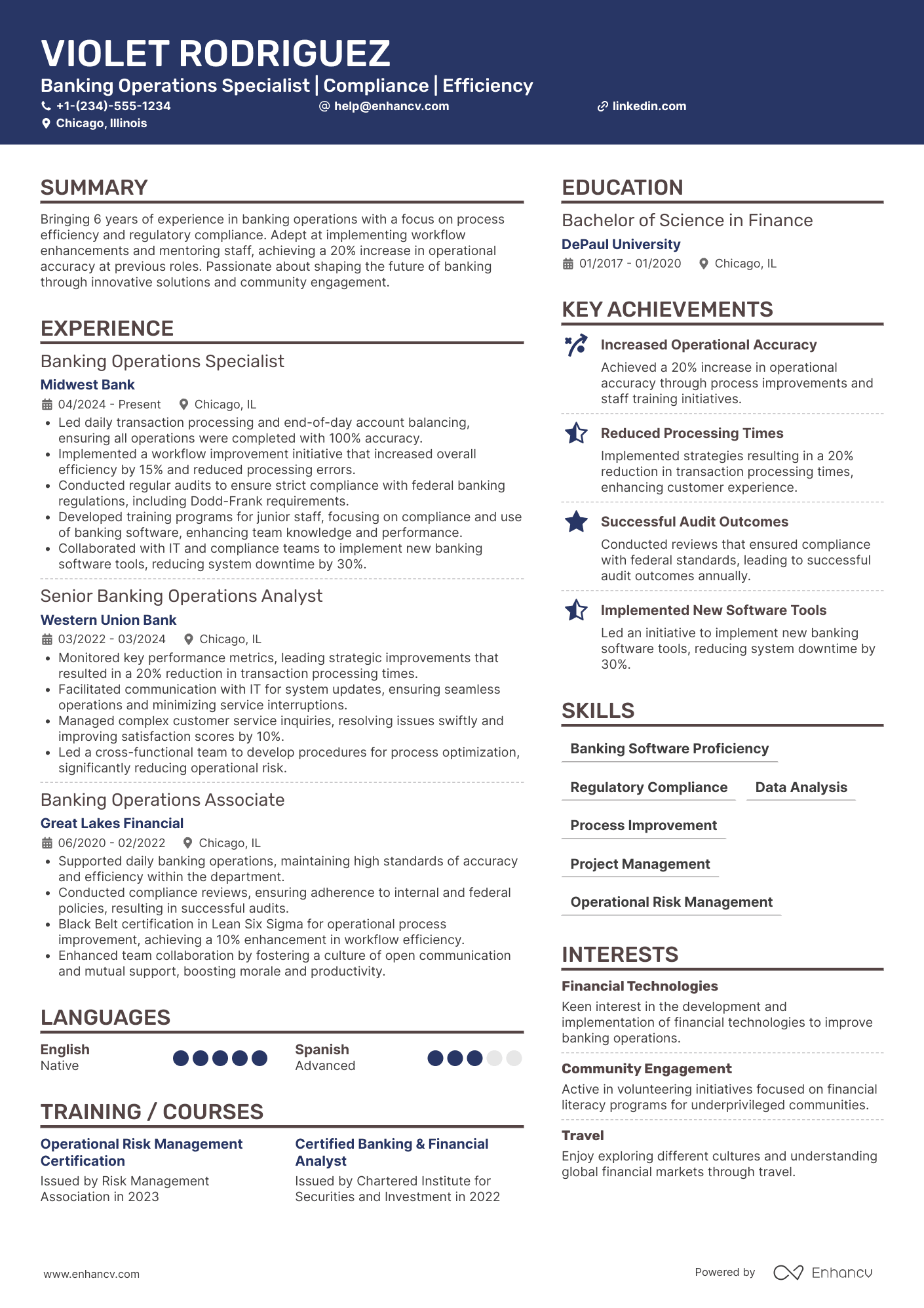 Experienced Banking Operations Specialist Resume Example