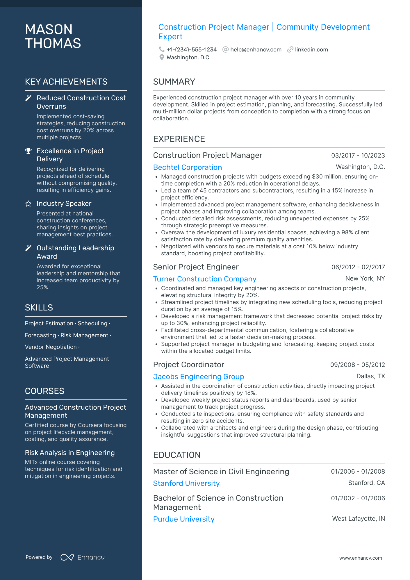 High Rise Construction Project Manager Resume Example