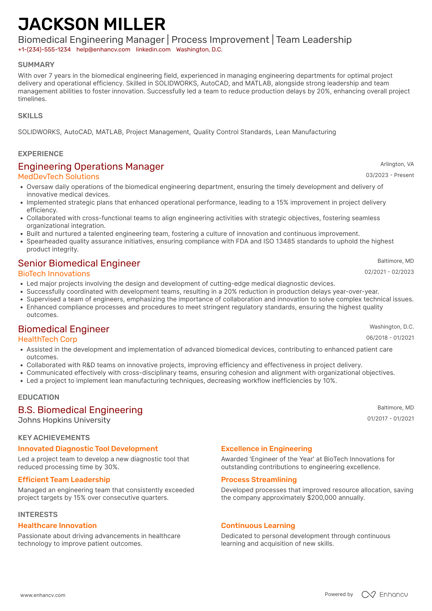 Biomedical Engineering Operations Manager Resume Example