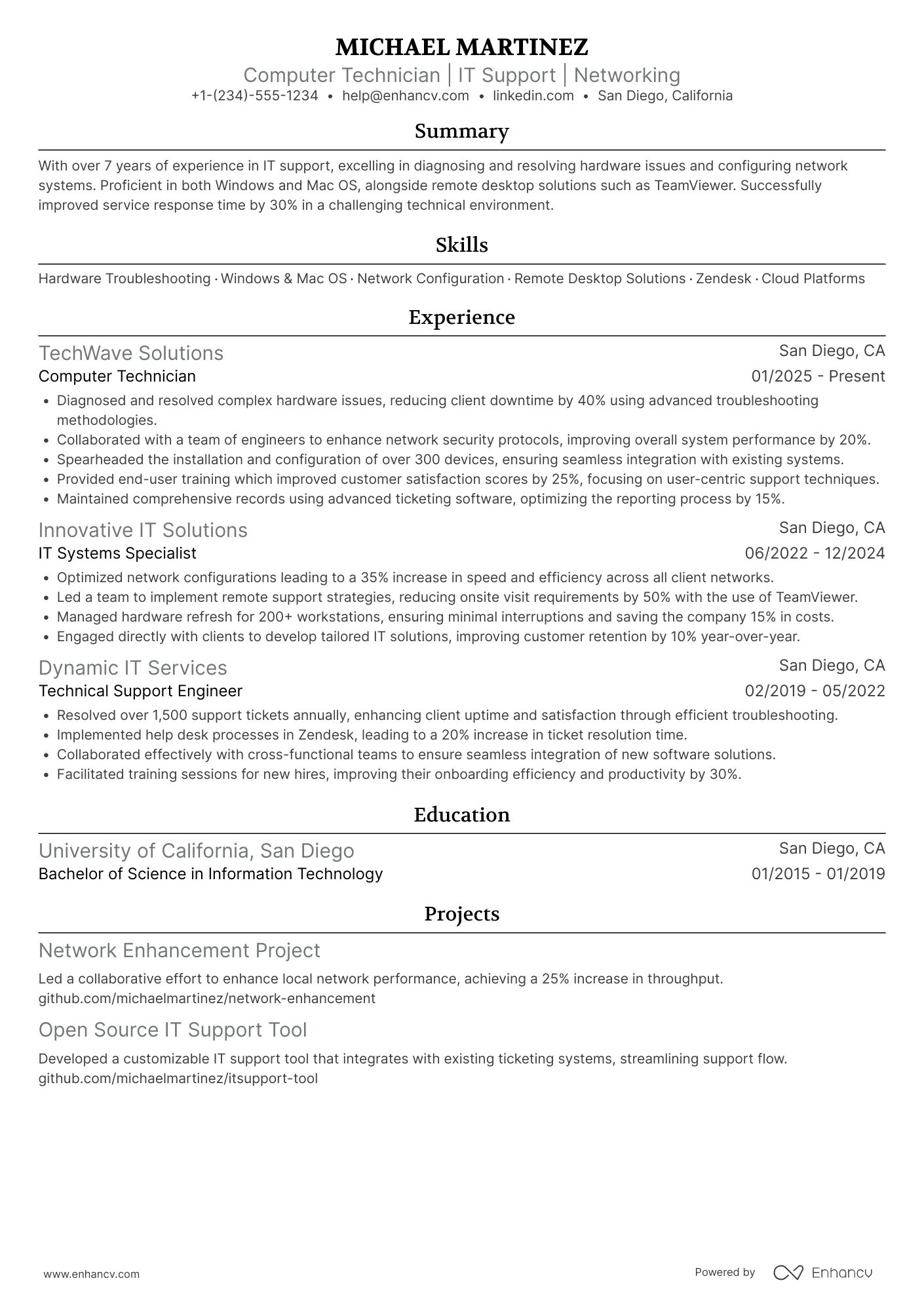 Computer Technician Resume Example