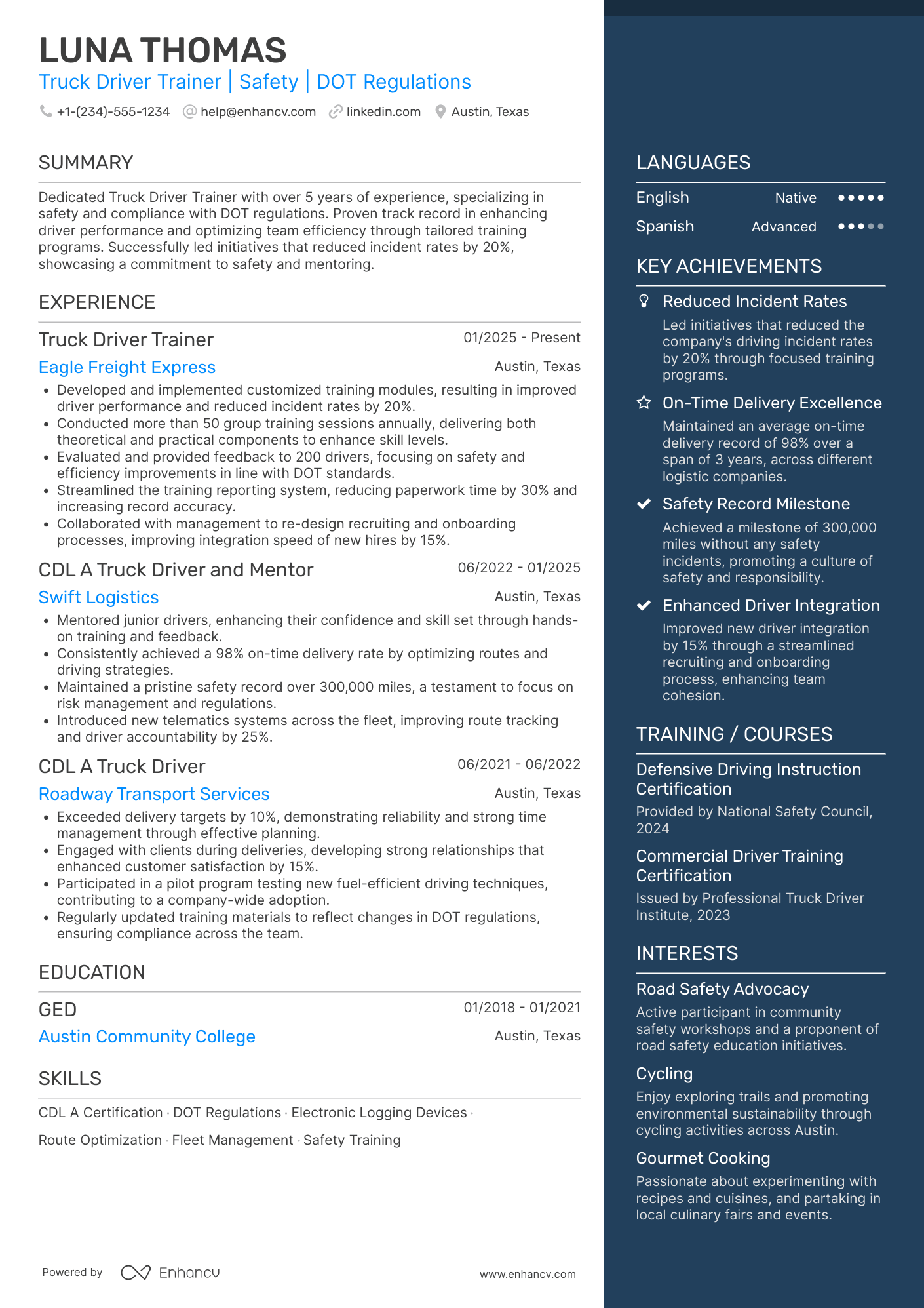 Truck Driver Trainer Resume Example