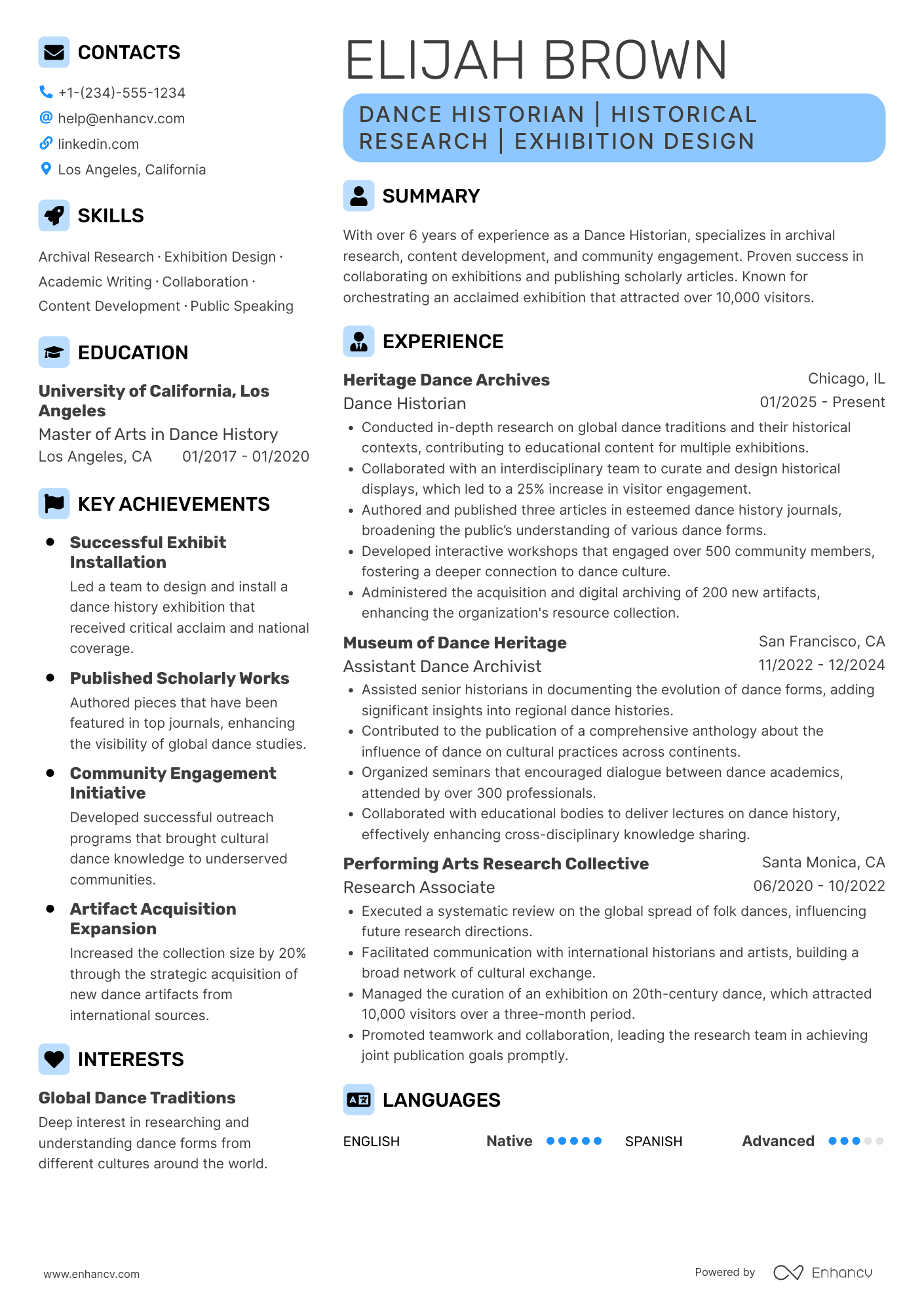Dance Historian Resume Example