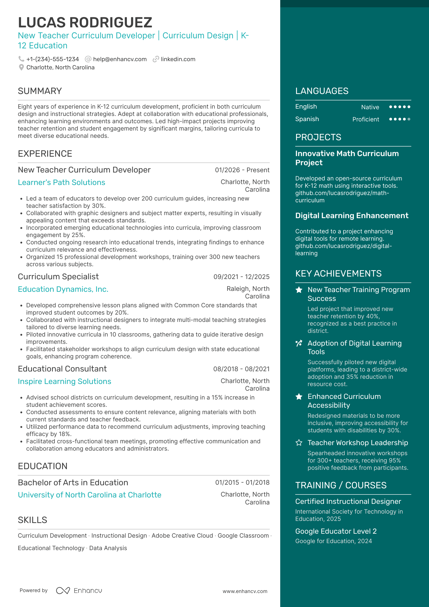 New Teacher Curriculum Developer Resume Example