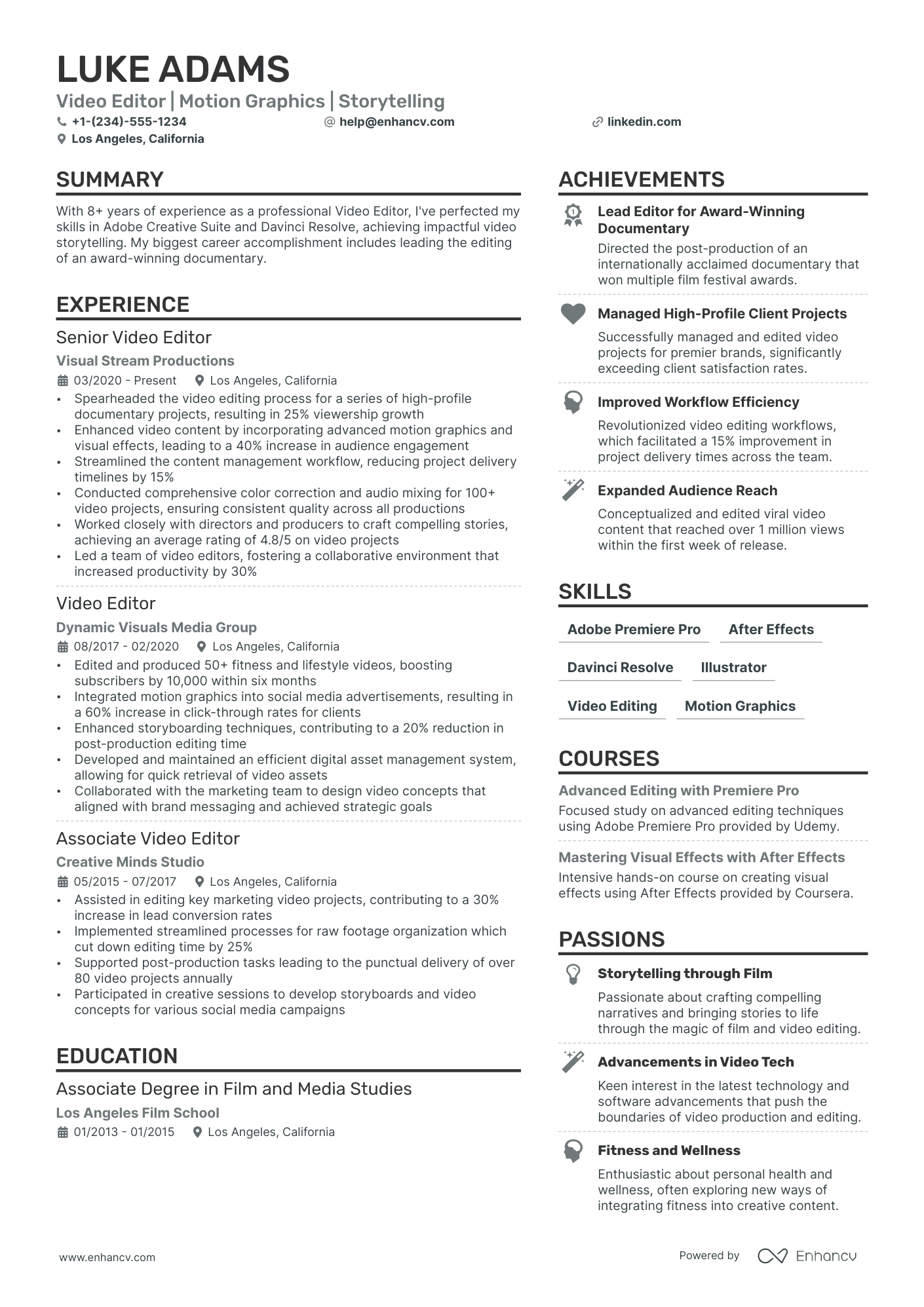 Freelance Video Editor Resume Example