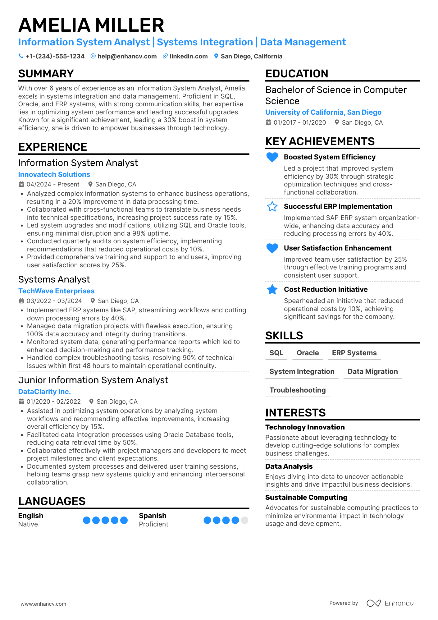 Information System Analyst Resume Example