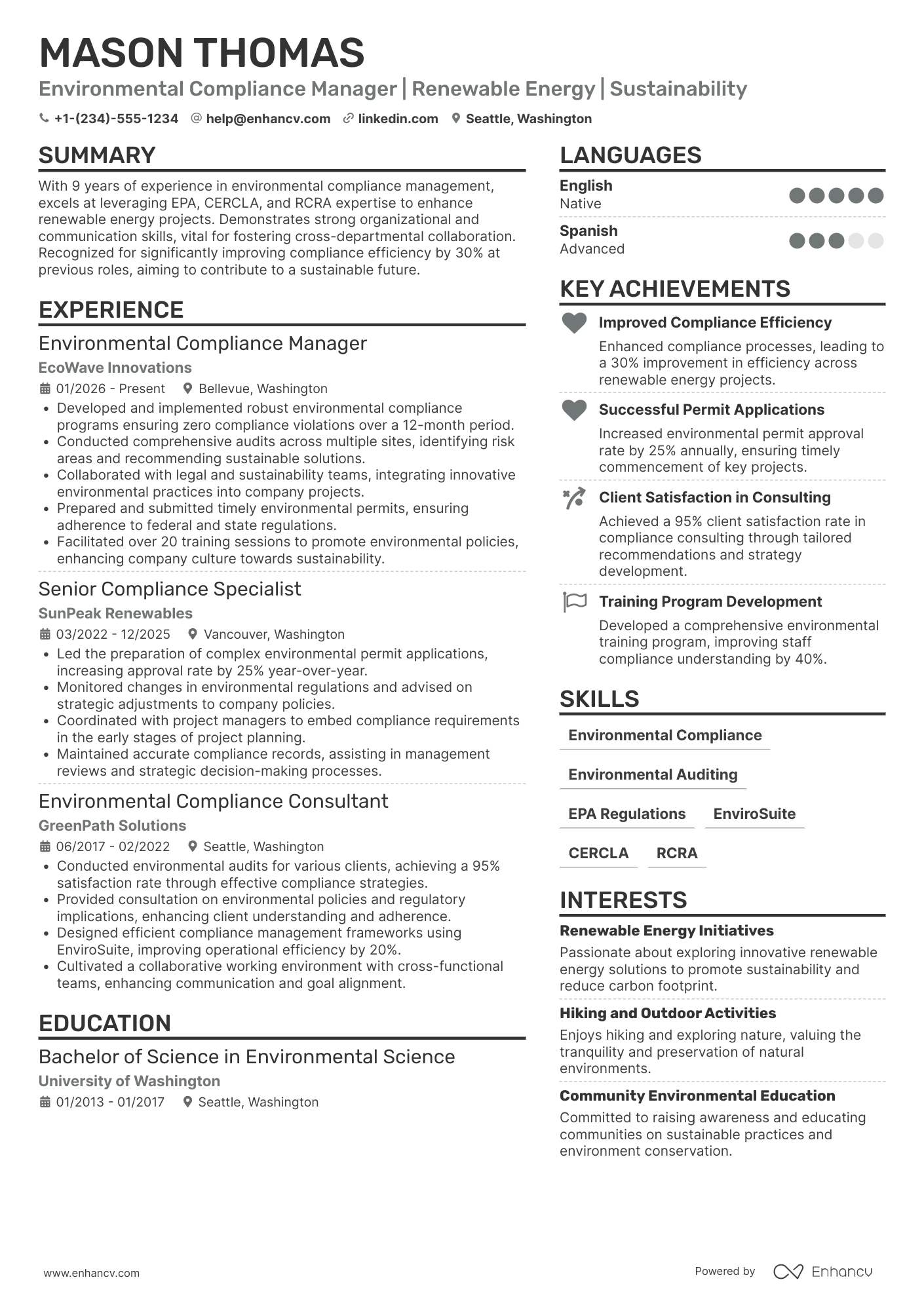 Environmental Compliance Manager Resume Example