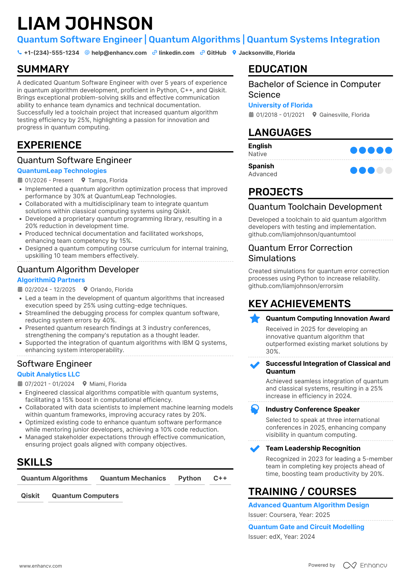 Quantum Software Engineer Resume Example
