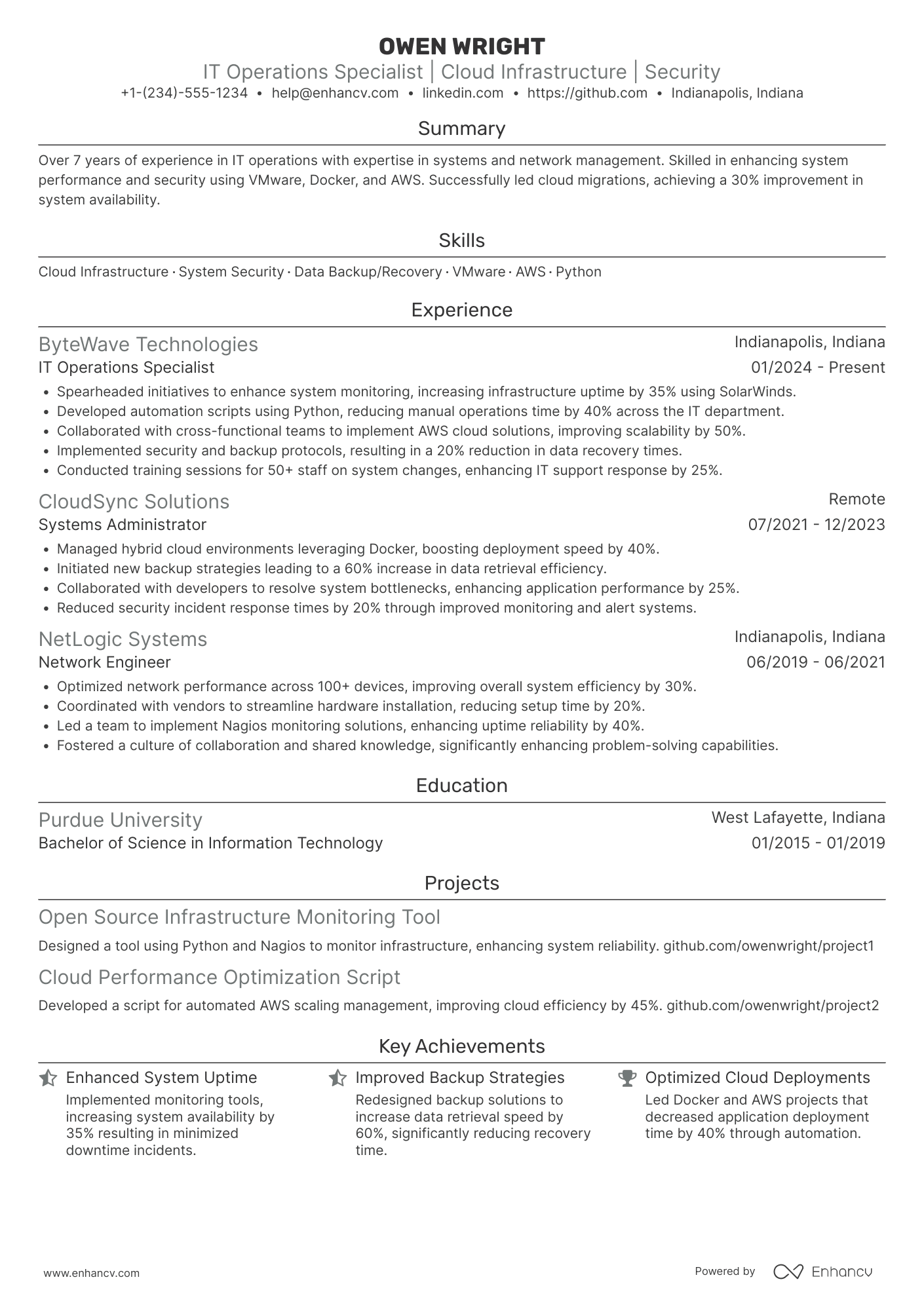 IT Operations Specialist Resume Example