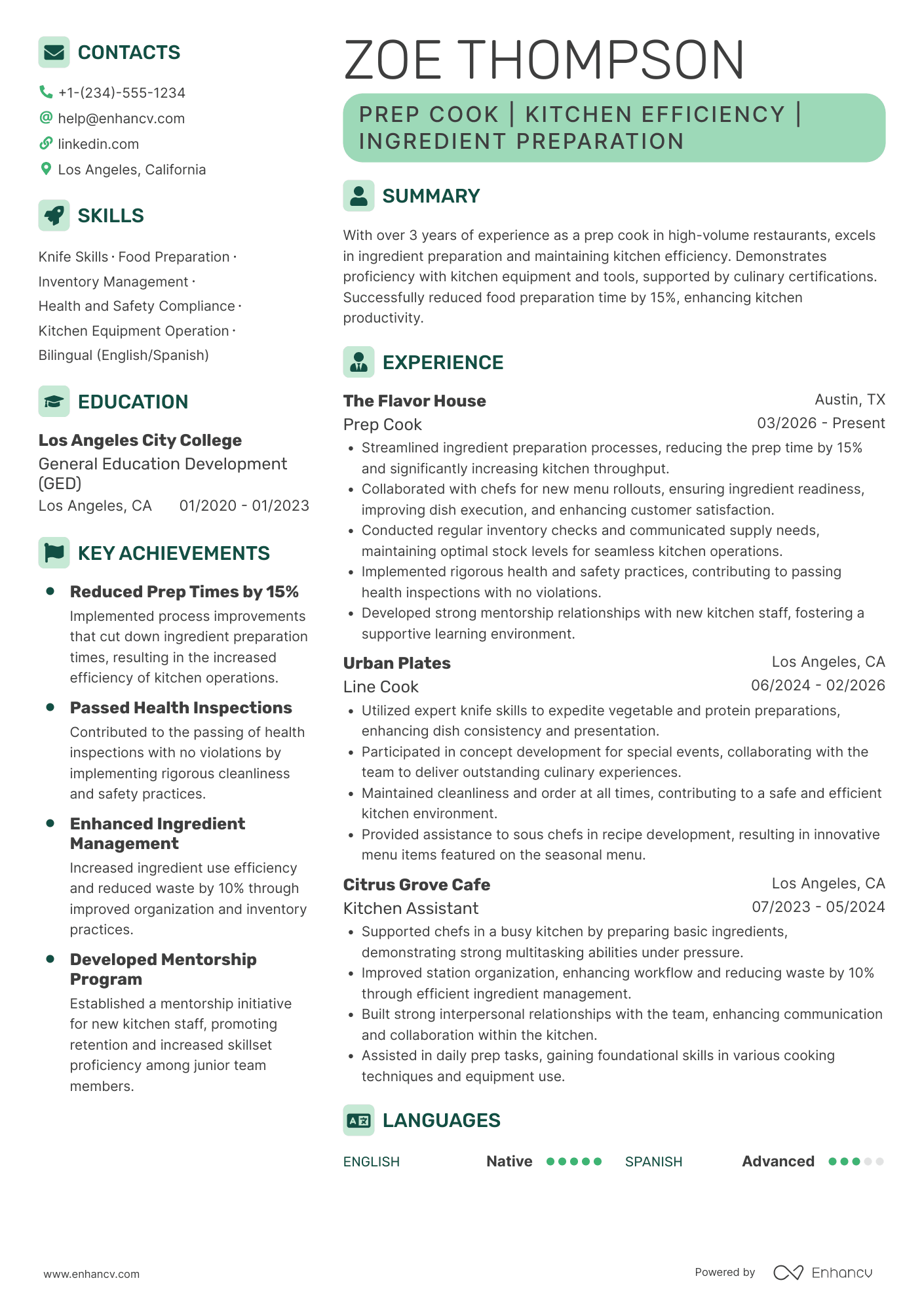 Restaurant Prep Cook Resume Example