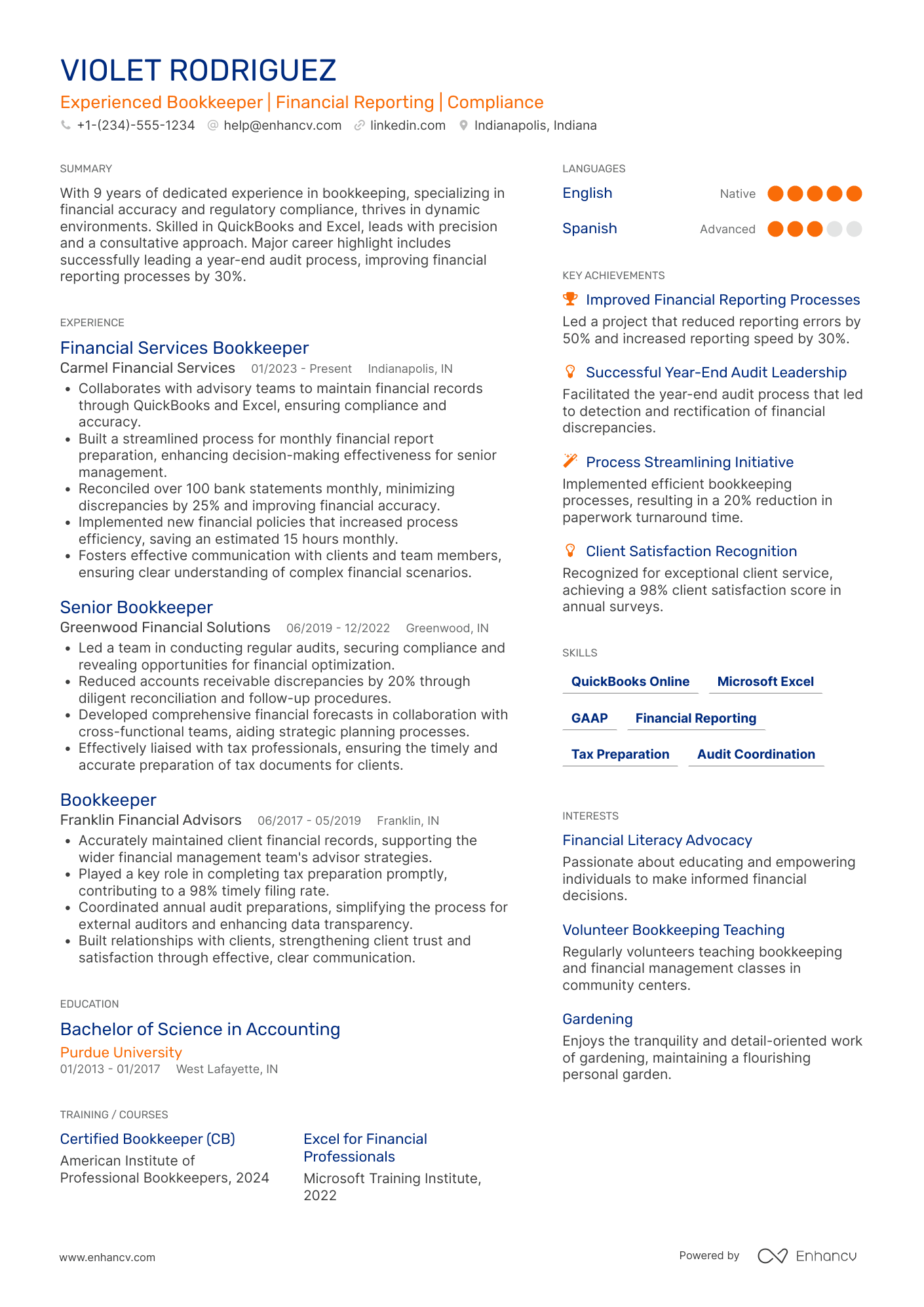 Financial Services Bookkeeper Resume Example