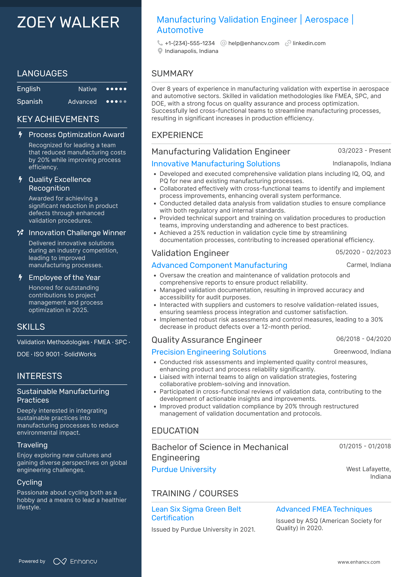 Manufacturing Validation Engineer Resume Example