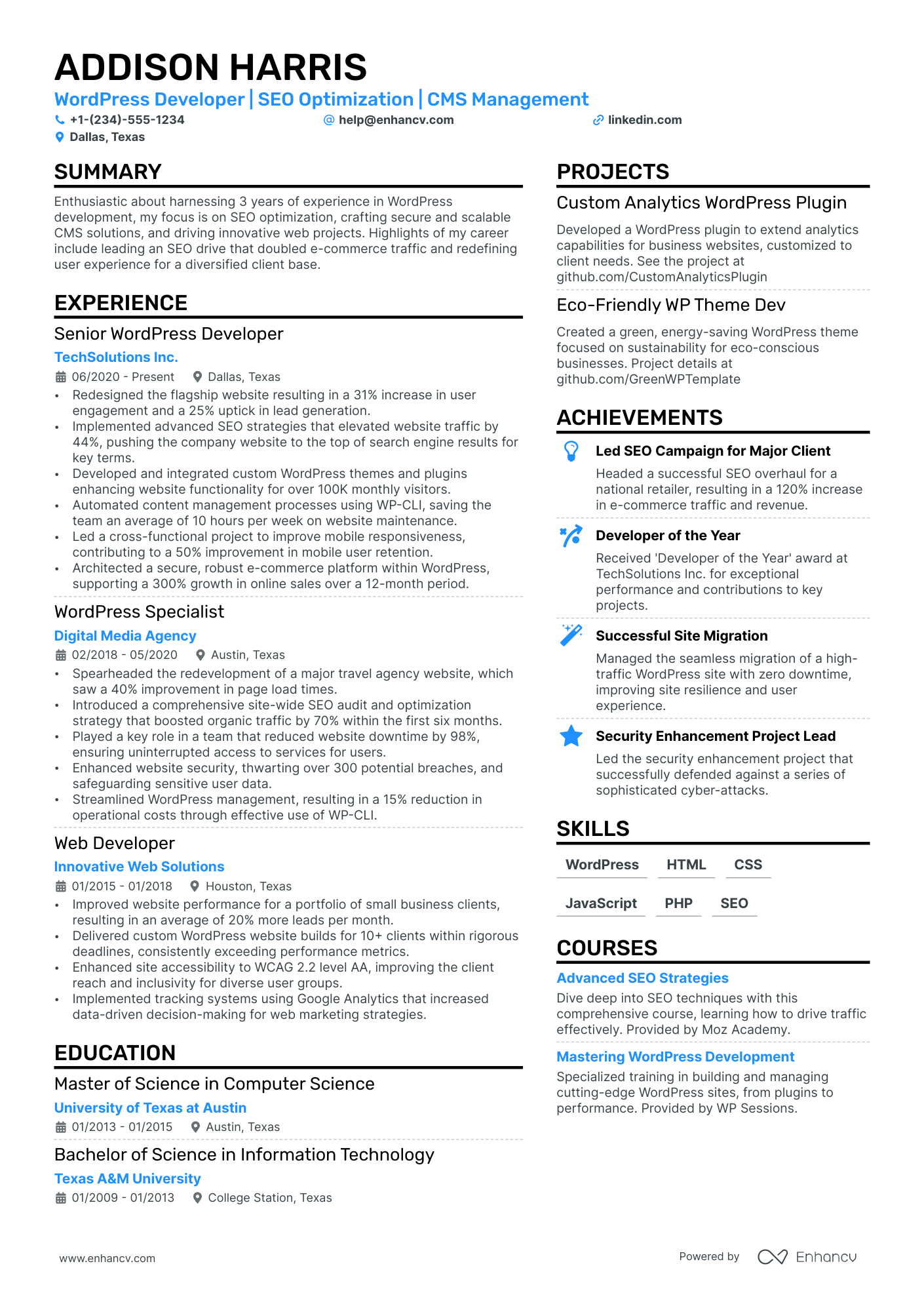 Wordpress Developer Resume Example