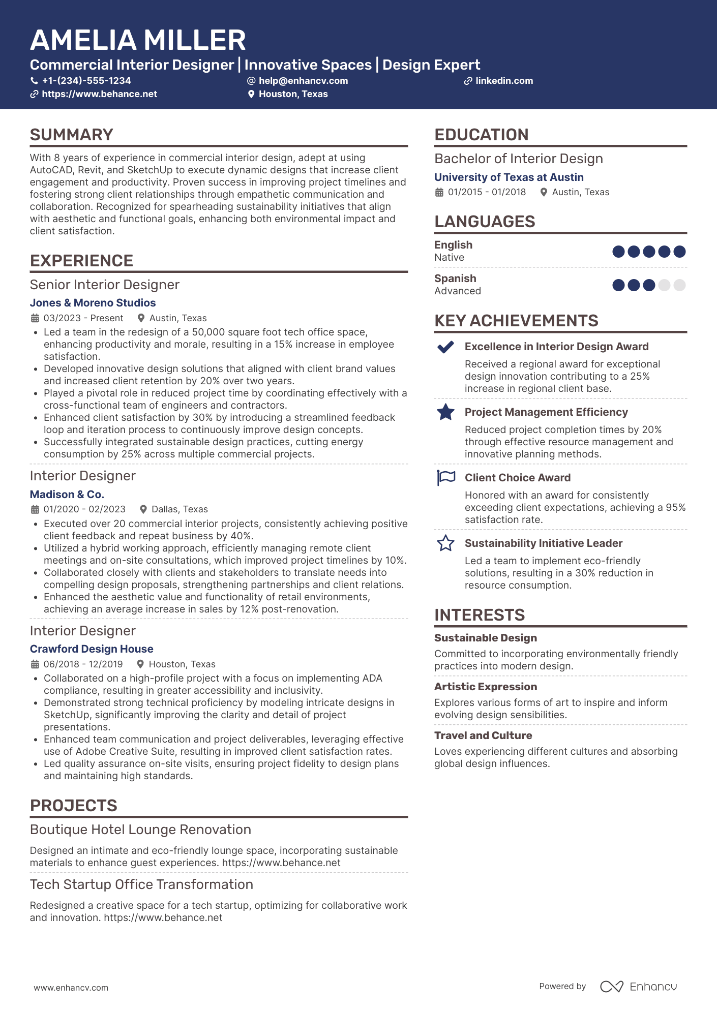 Commercial Interior Designer Resume Example