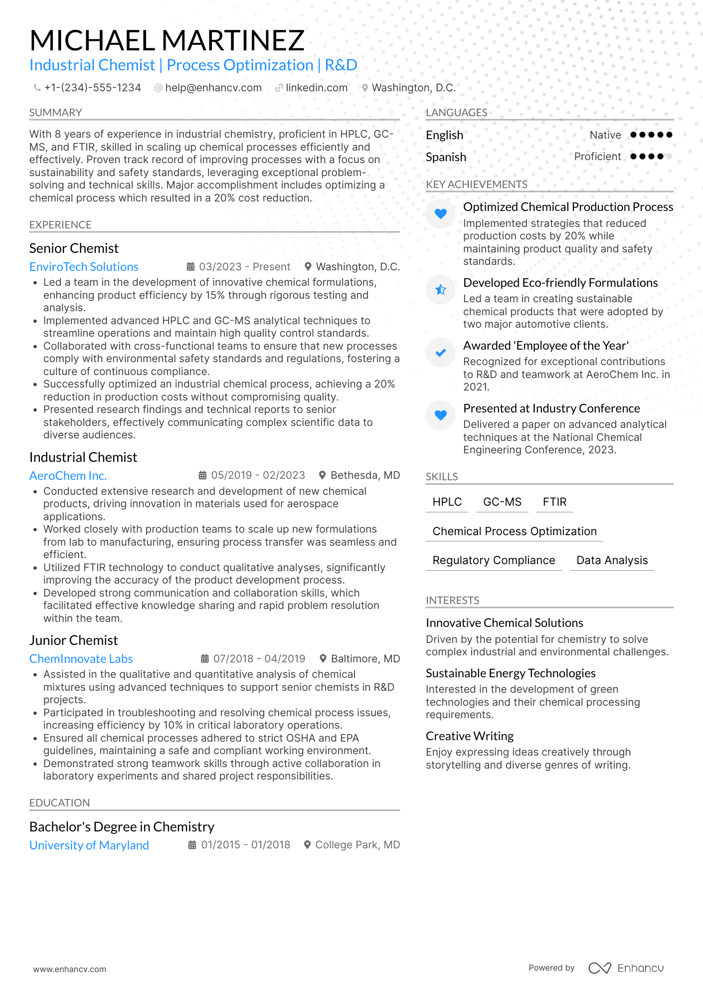 Industrial Chemist Resume Example