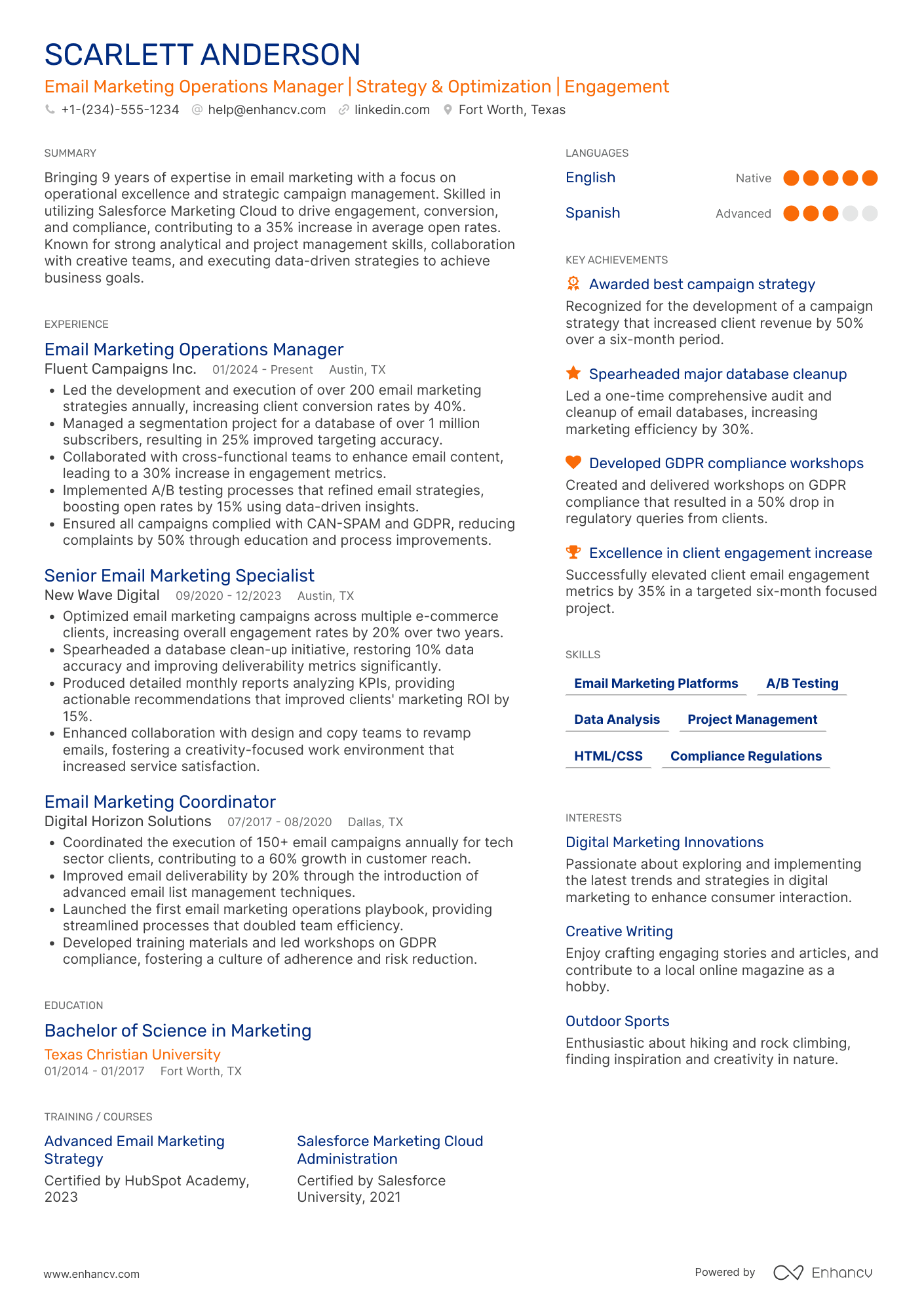 Email Marketing Operations Manager Resume Example
