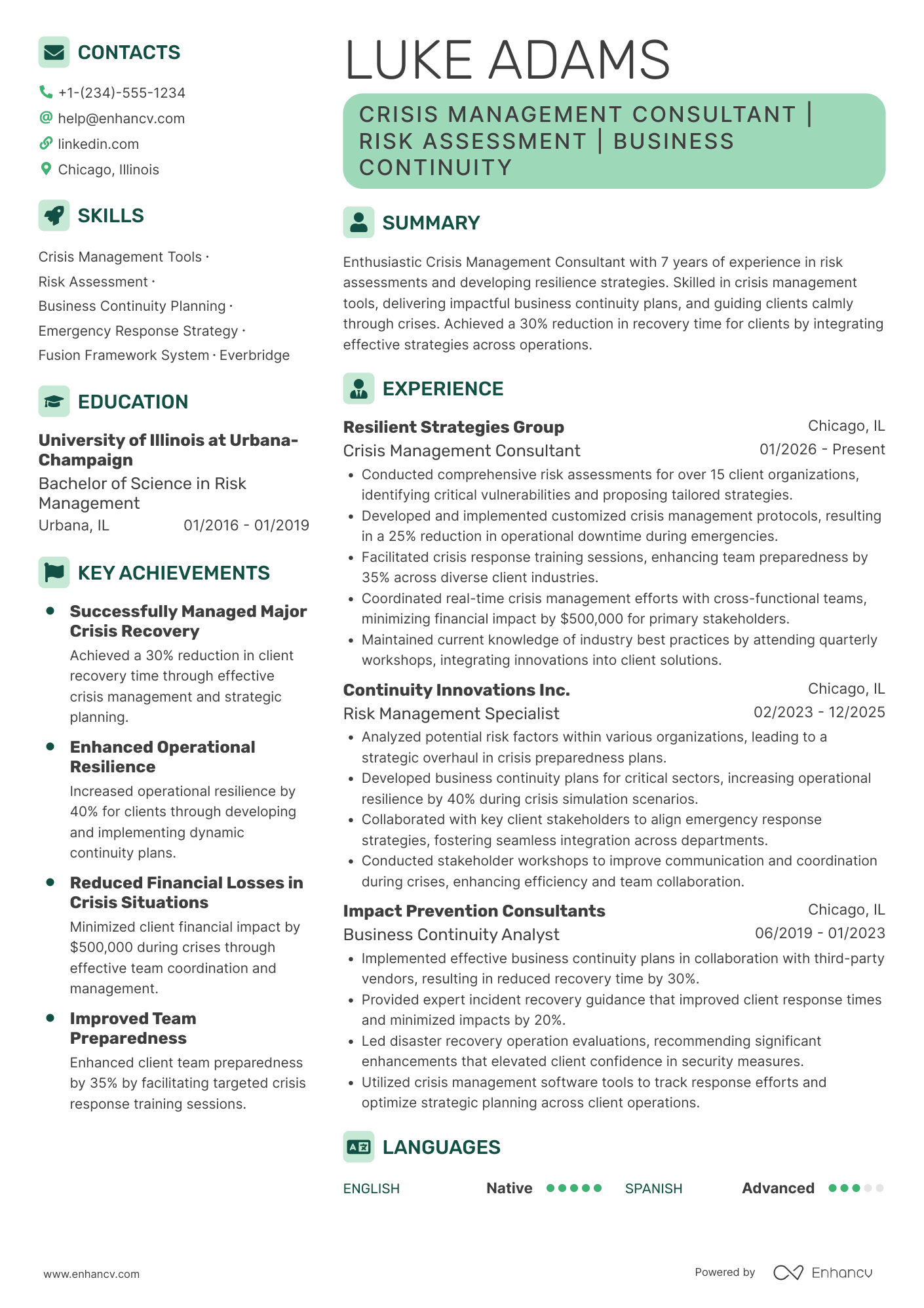 Crisis Management Consultant Resume Example