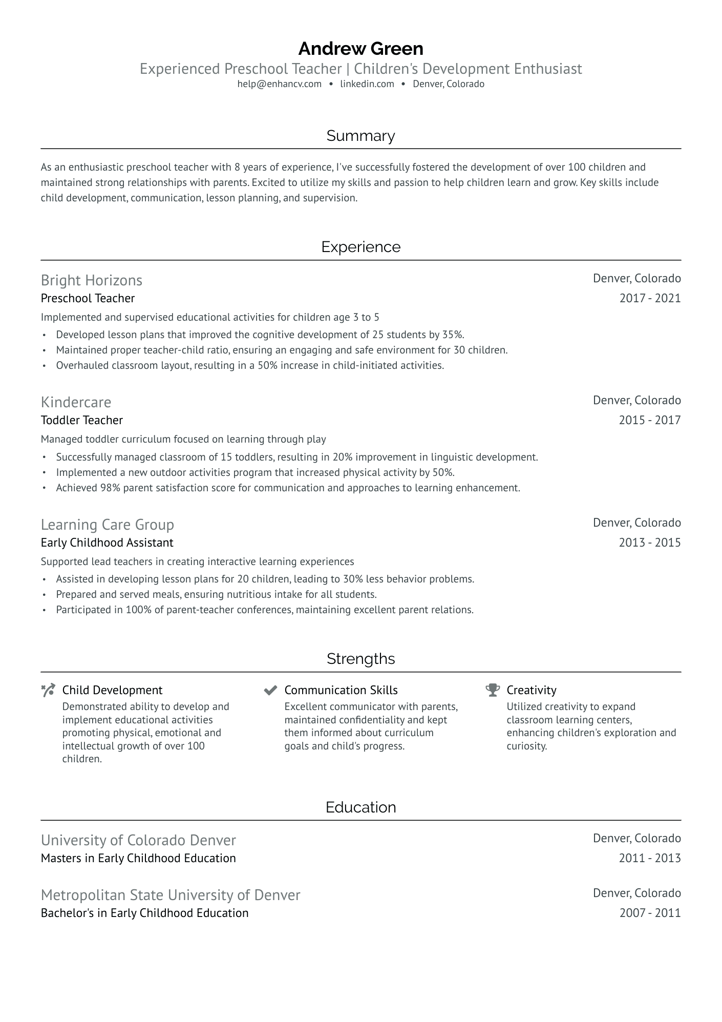 Infant Day Care Teacher Resume Example
