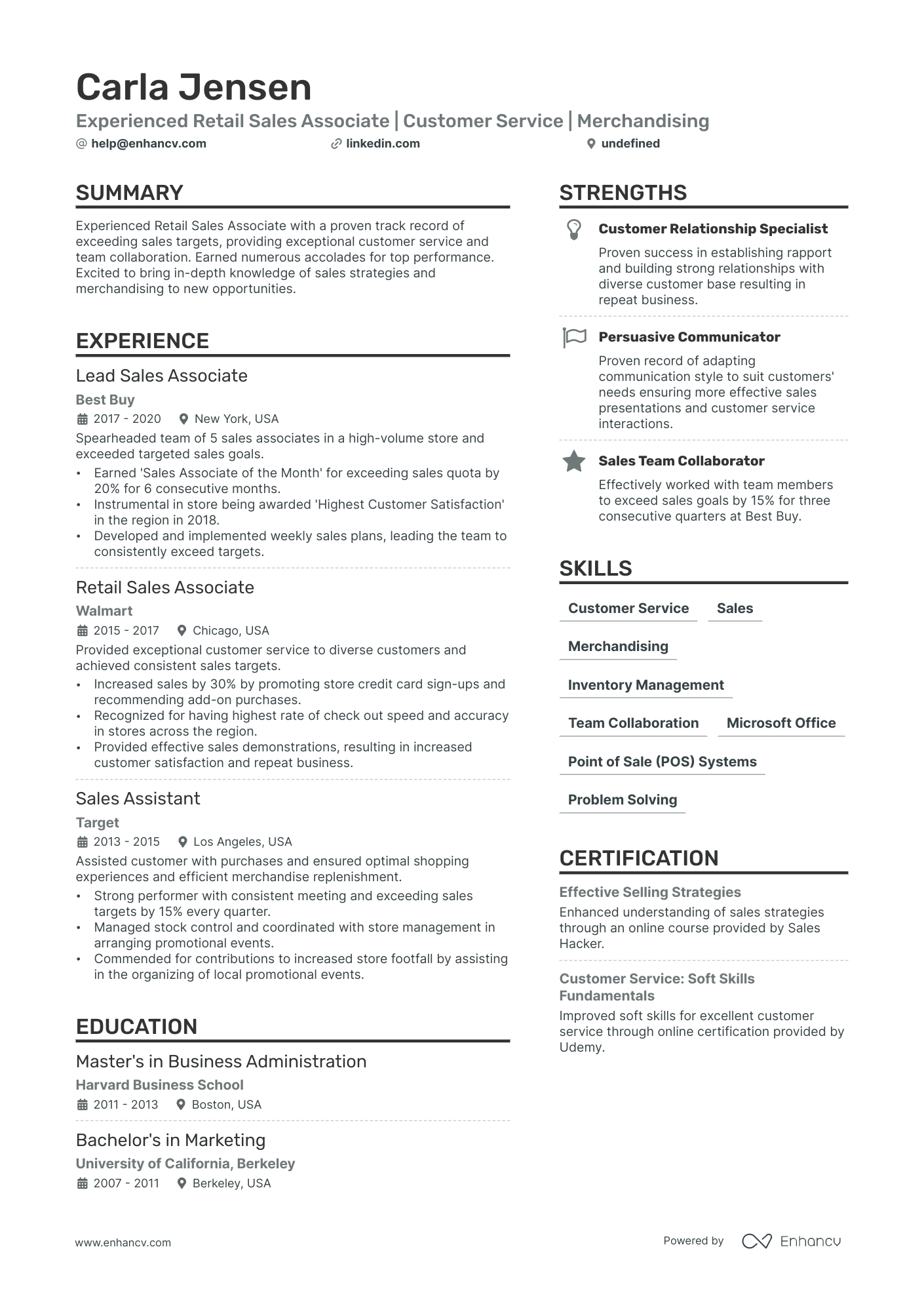Retail Sales Associate Resume Example