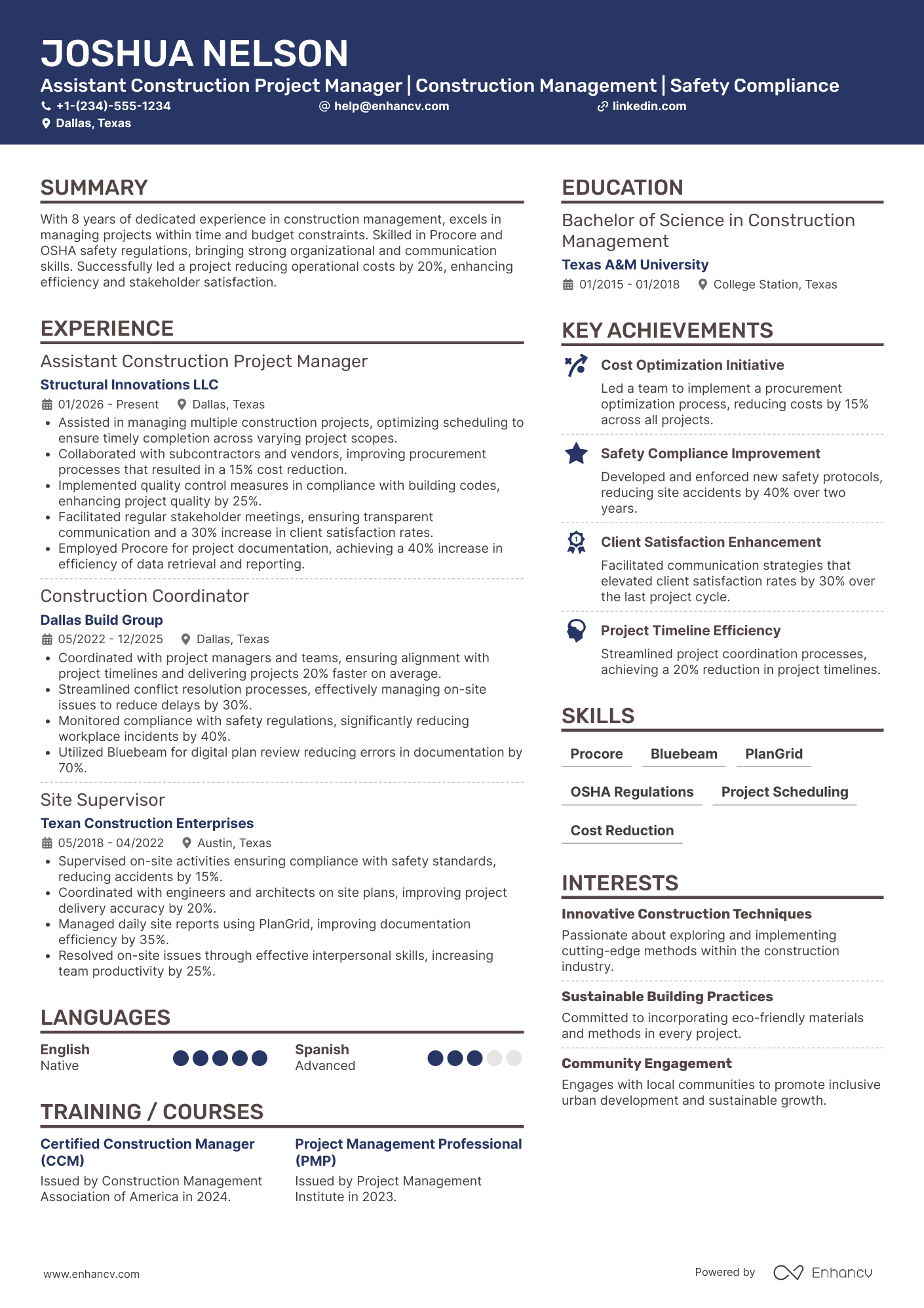 Assistant Construction Project Manager Resume Example
