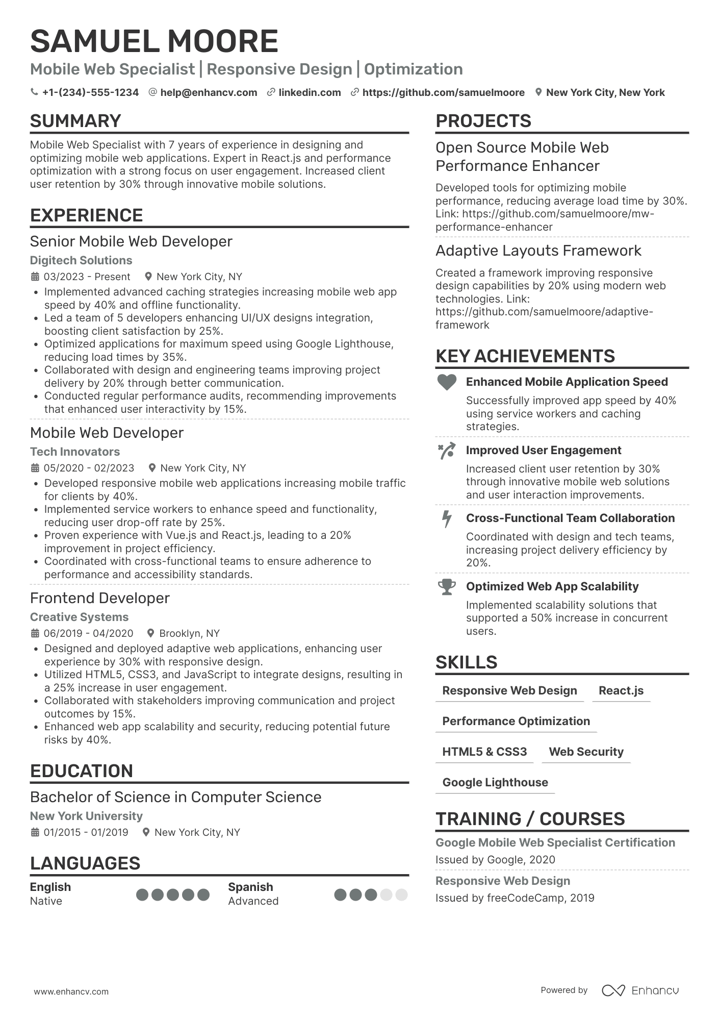 Google Certified Mobile Web Specialist Resume Example