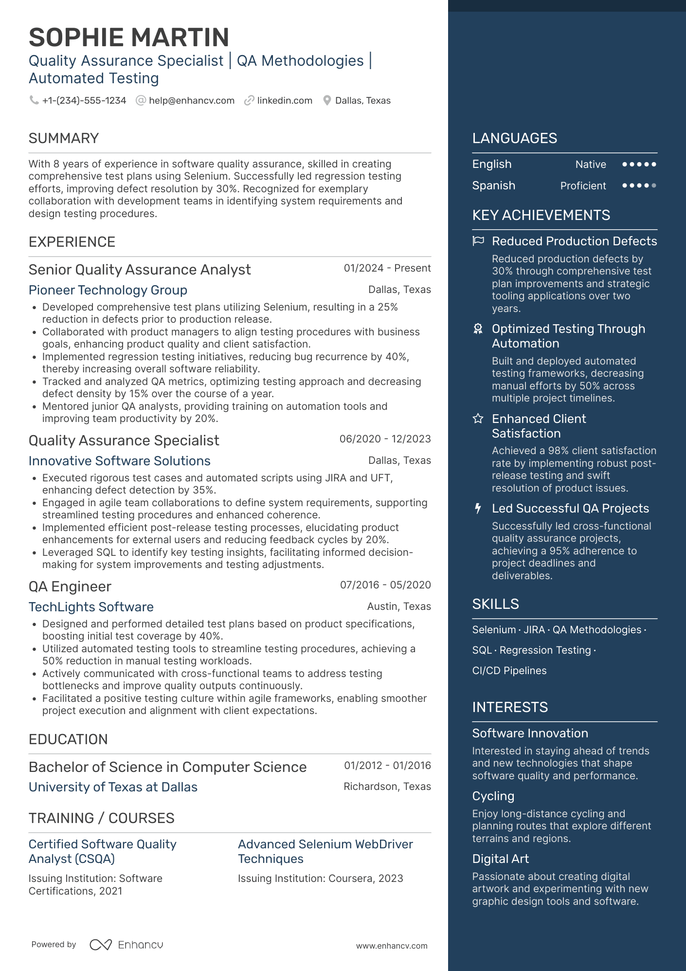 Experienced Quality Assurance Specialist Resume Example