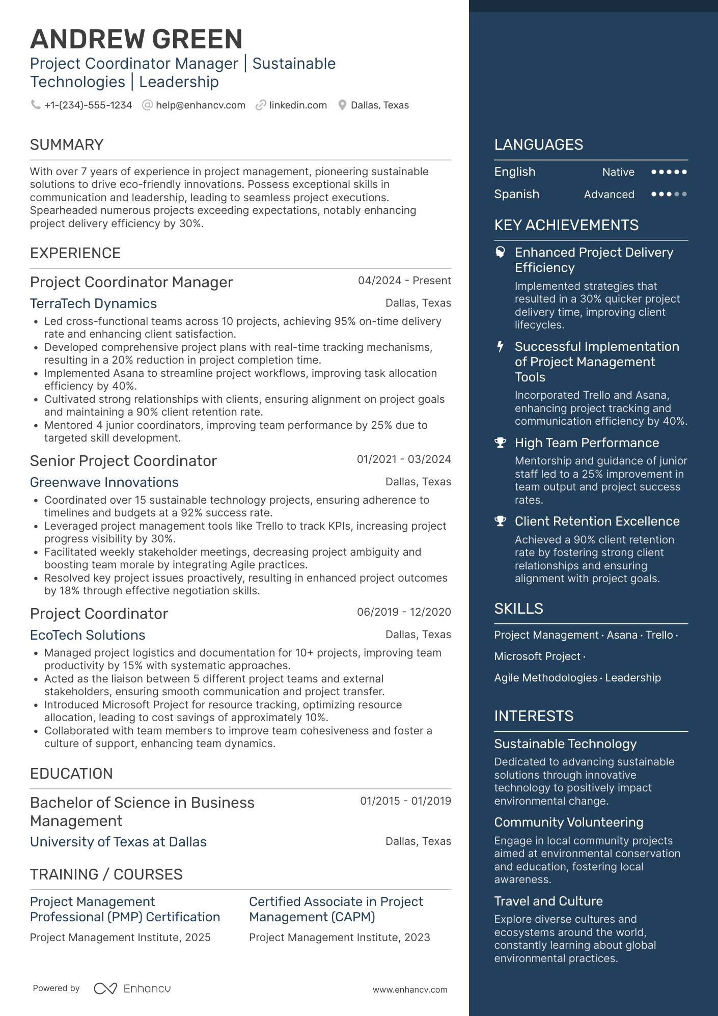 Project Coordinator Manager Resume Example