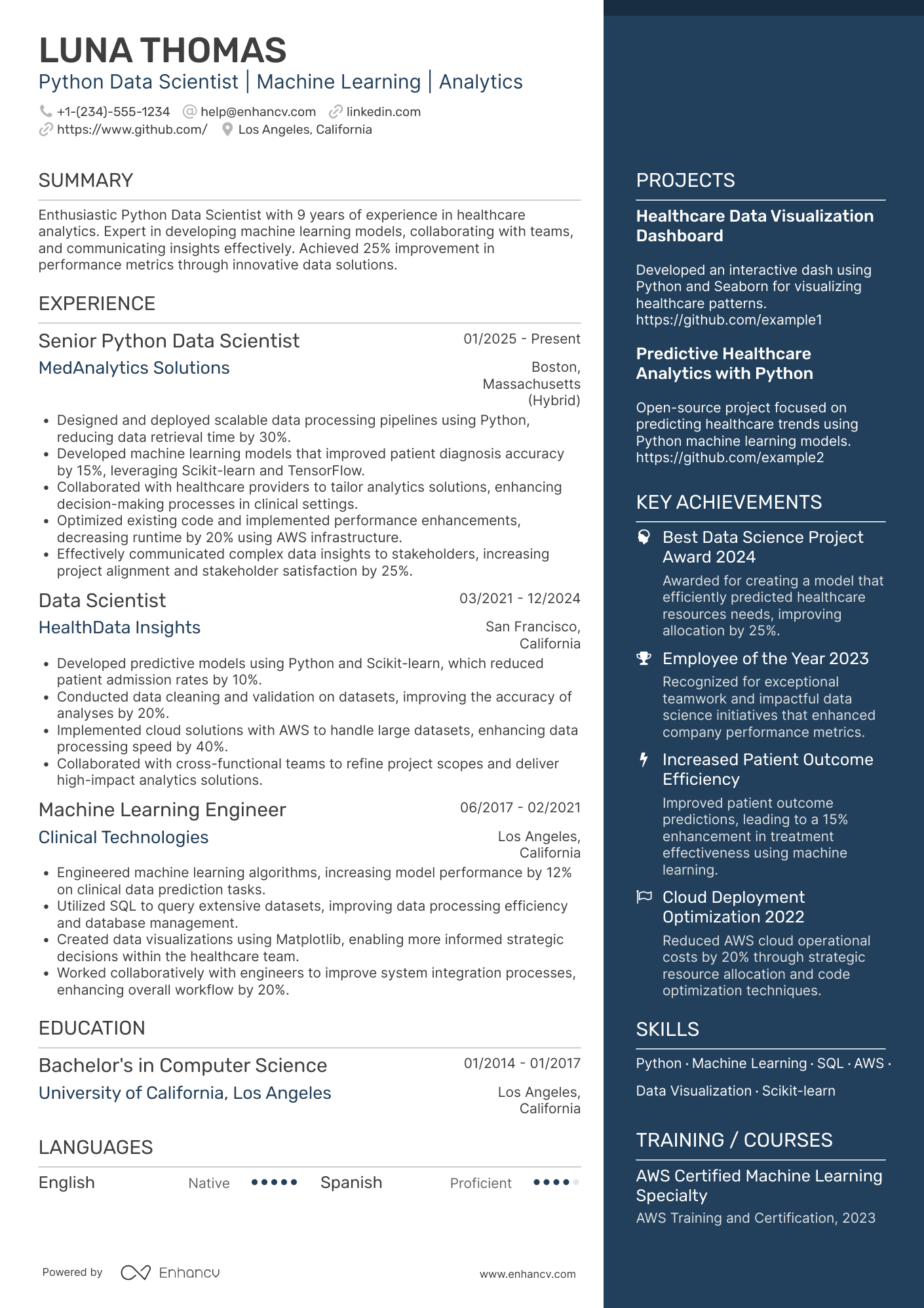 Python Data Science Developer Resume Example