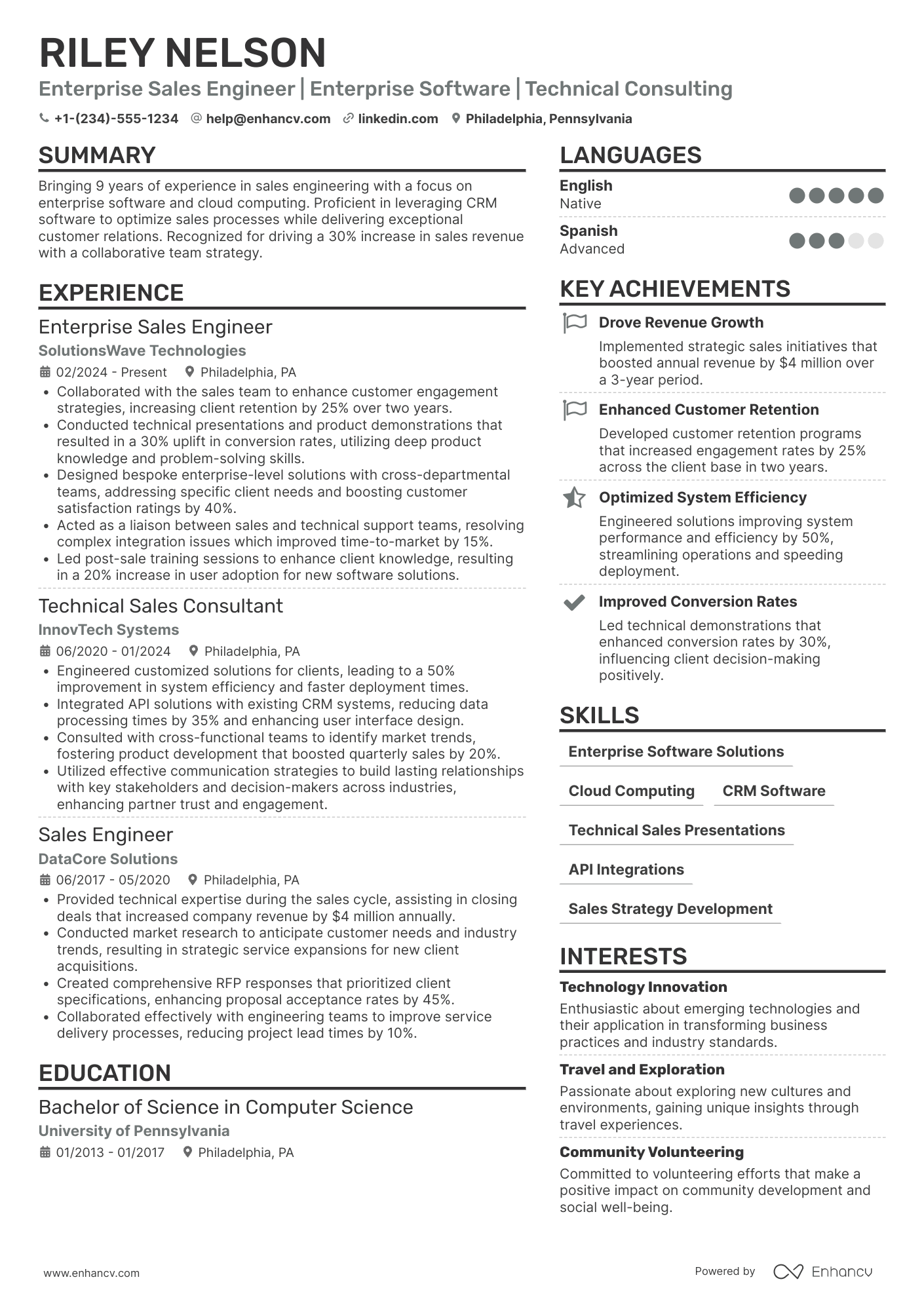 Enterprise Sales Engineer Resume Example