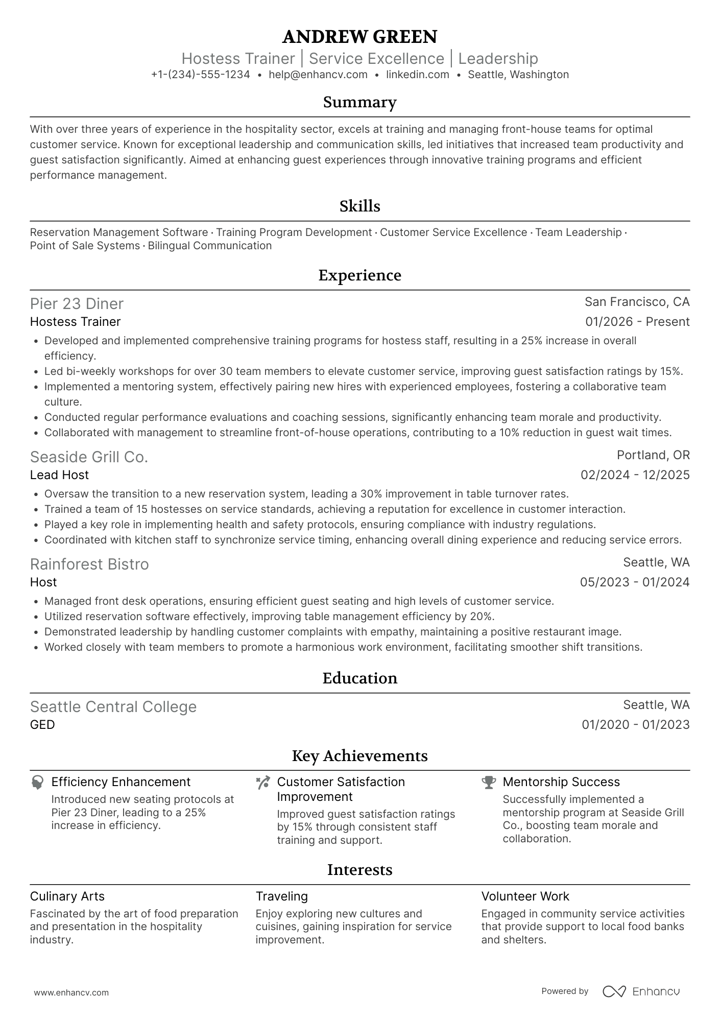 Hostess Trainer Resume Example