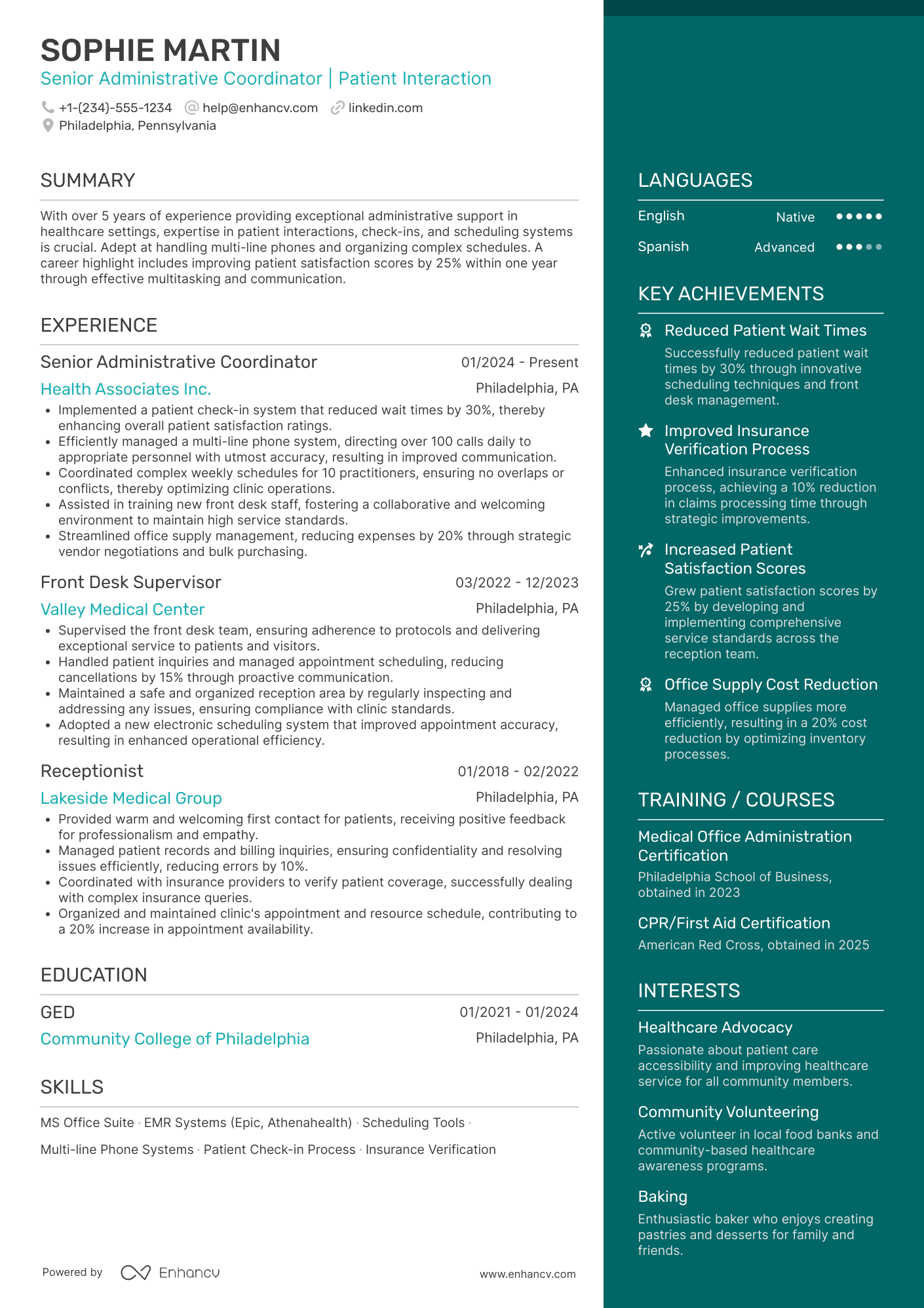 Senior Front Desk Receptionist Resume Example