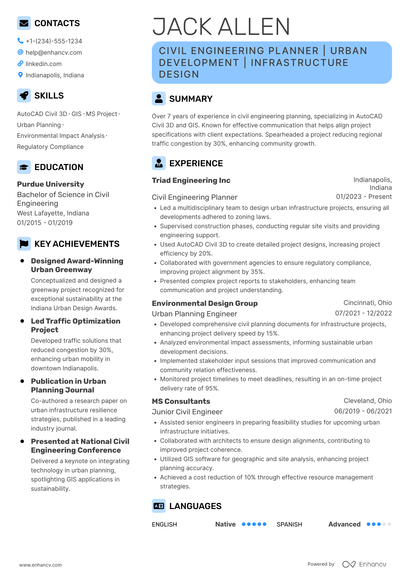 Civil Engineering Planner Resume Example