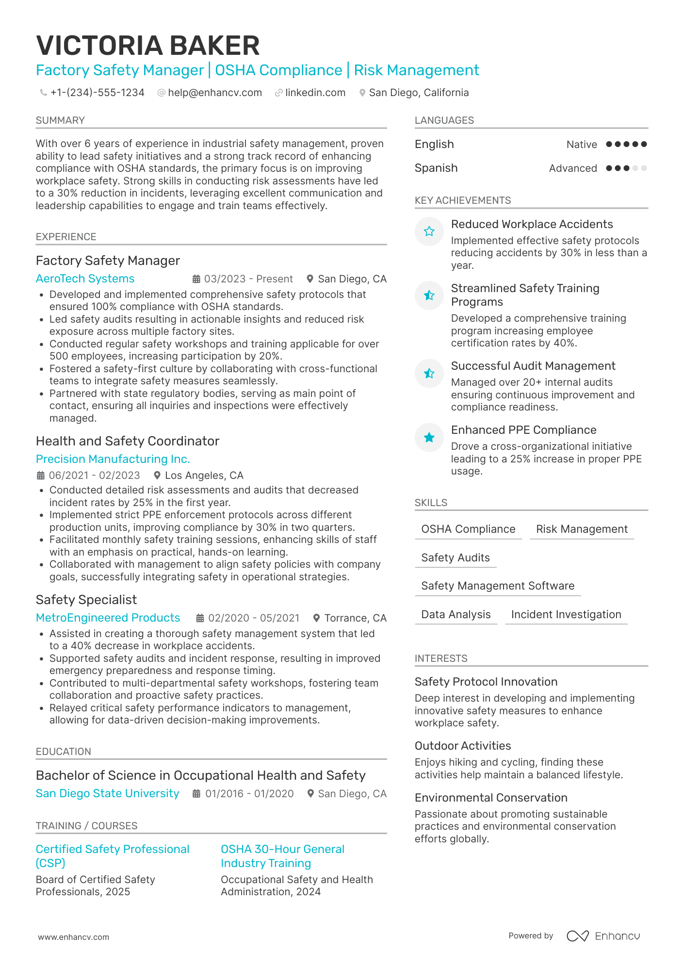 Factory Safety Manager Resume Example