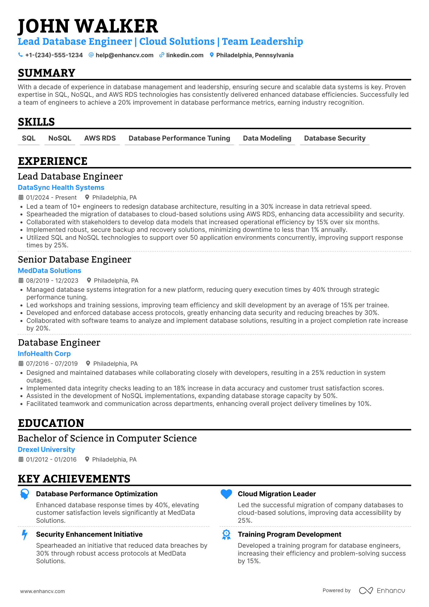 Lead Database Engineer Resume Example