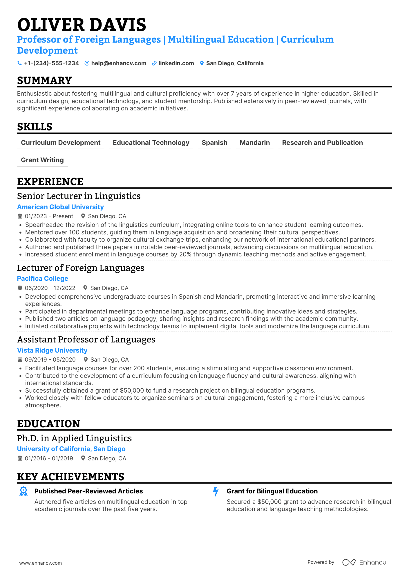 Professor of Foreign Languages Resume Example