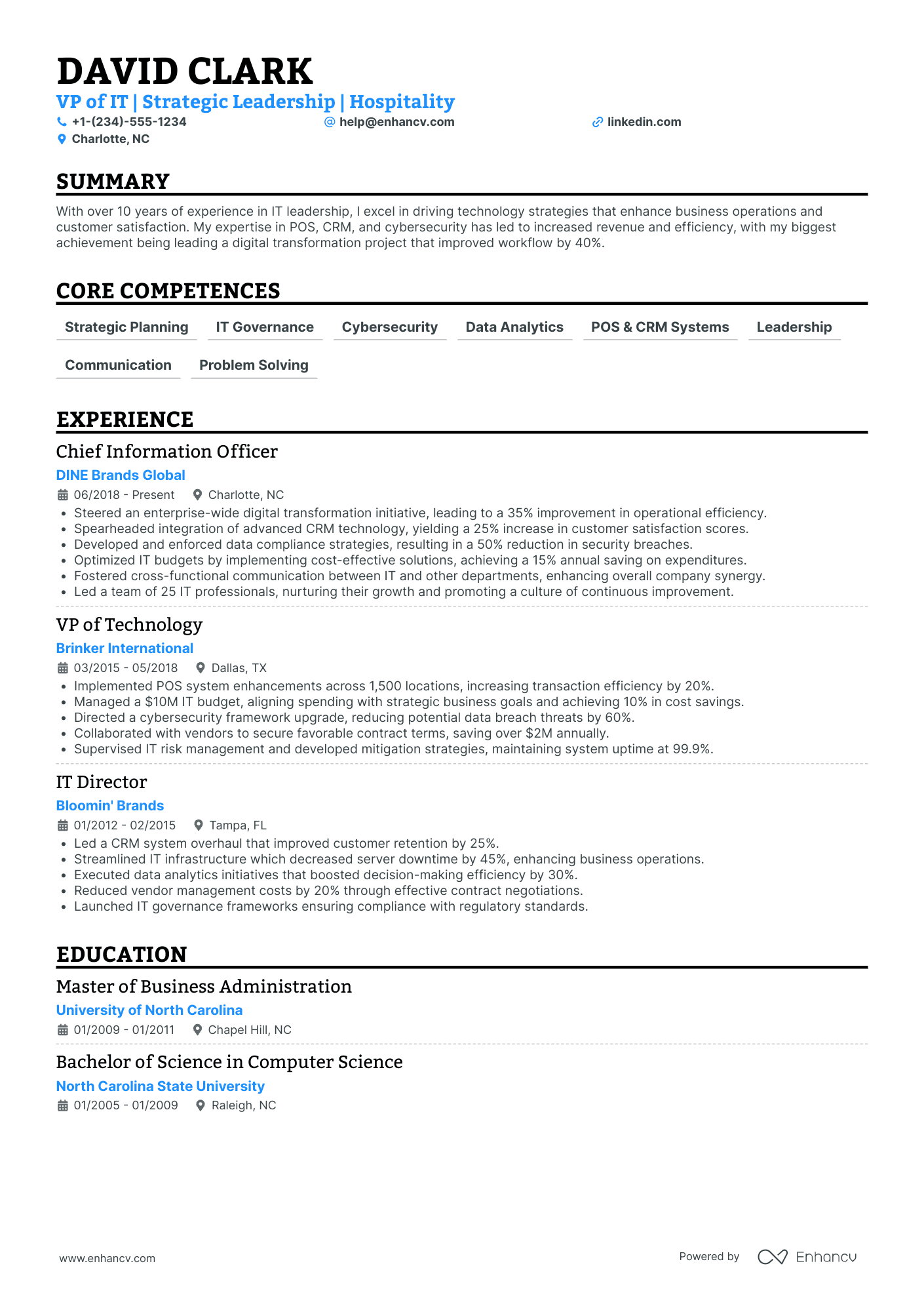 Chief Technology Officer for Hospitality Innovation Resume Example