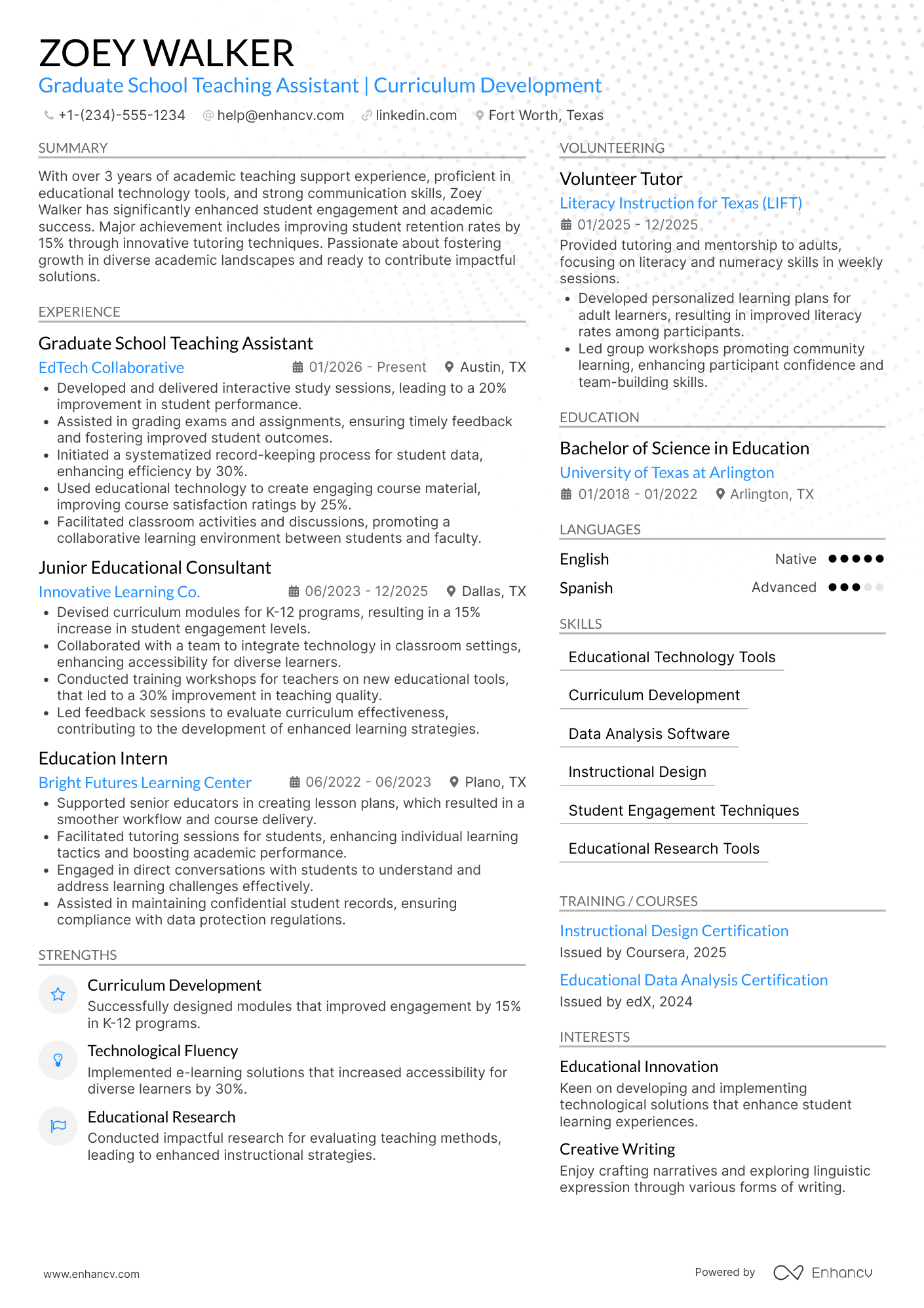 Grad School Teaching Assistant Resume Example