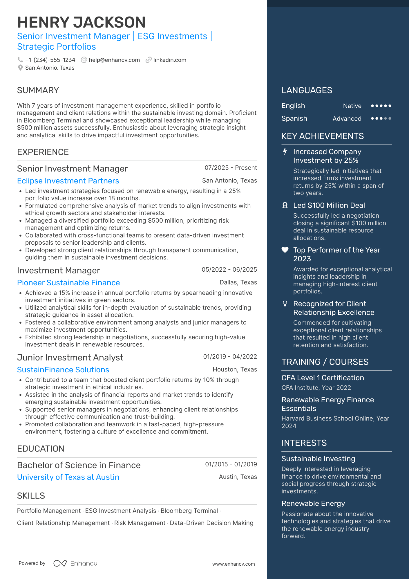 Senior Investment Manager Resume Example