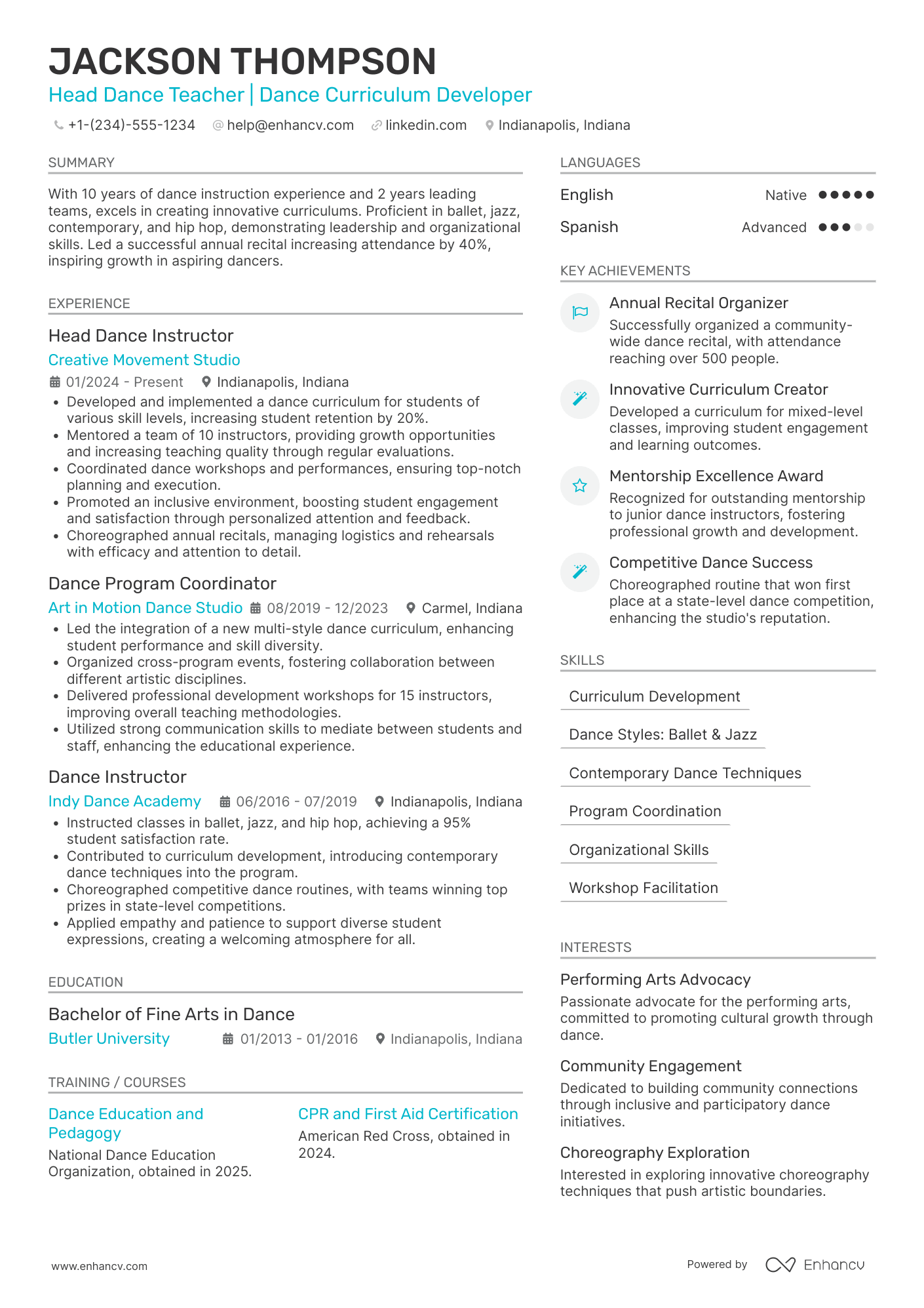 Head Dance Teacher Resume Example