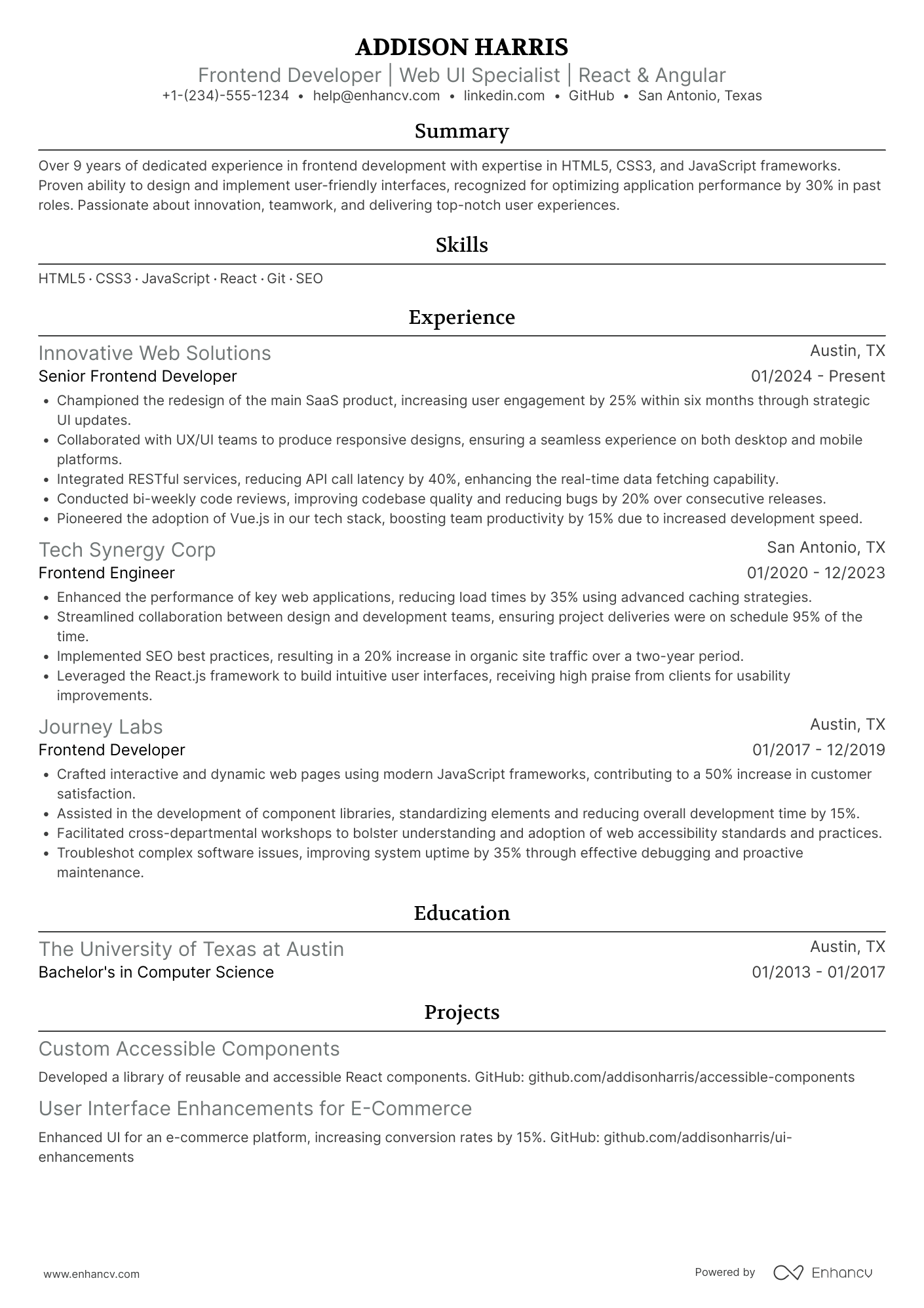 Front End Web Developer Resume Example