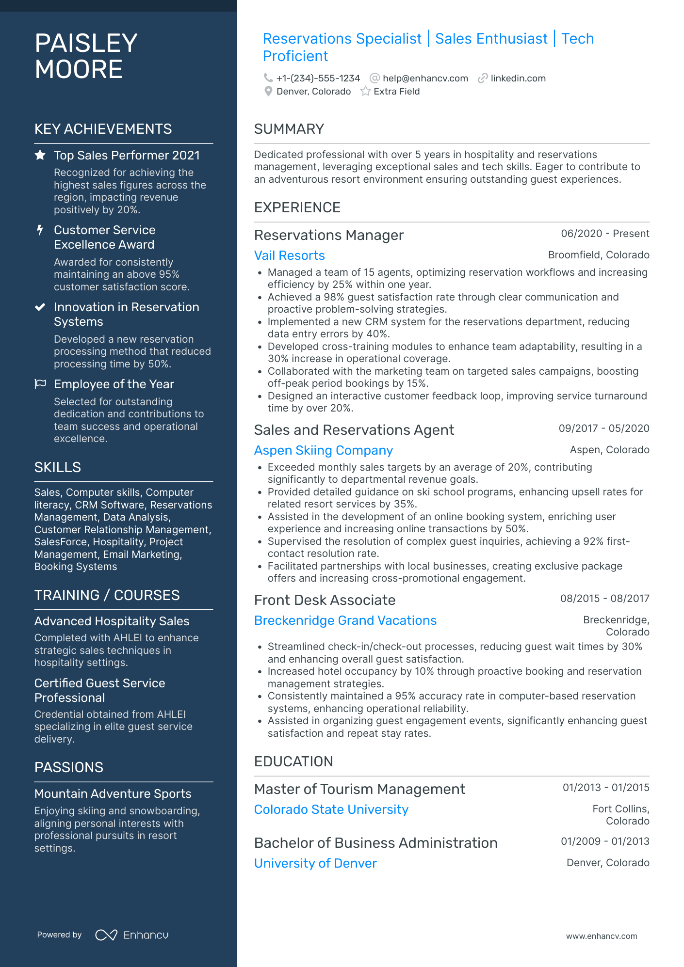 Resort Reservation Sales Agent Resume Example