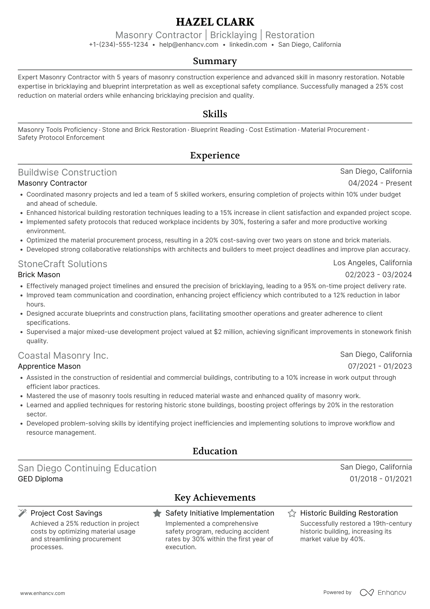 Masonry Contractor Resume Example