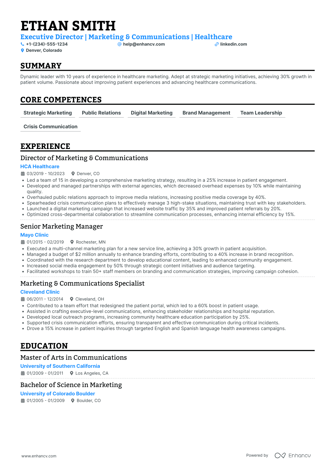 Chief Marketing Officer in Nonprofit Organizations Resume Example