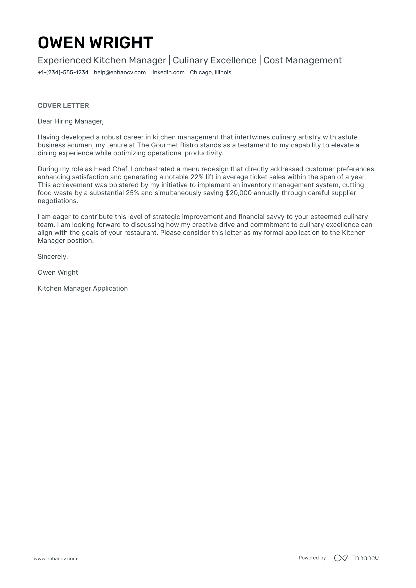 Kitchen Manager Resume Example