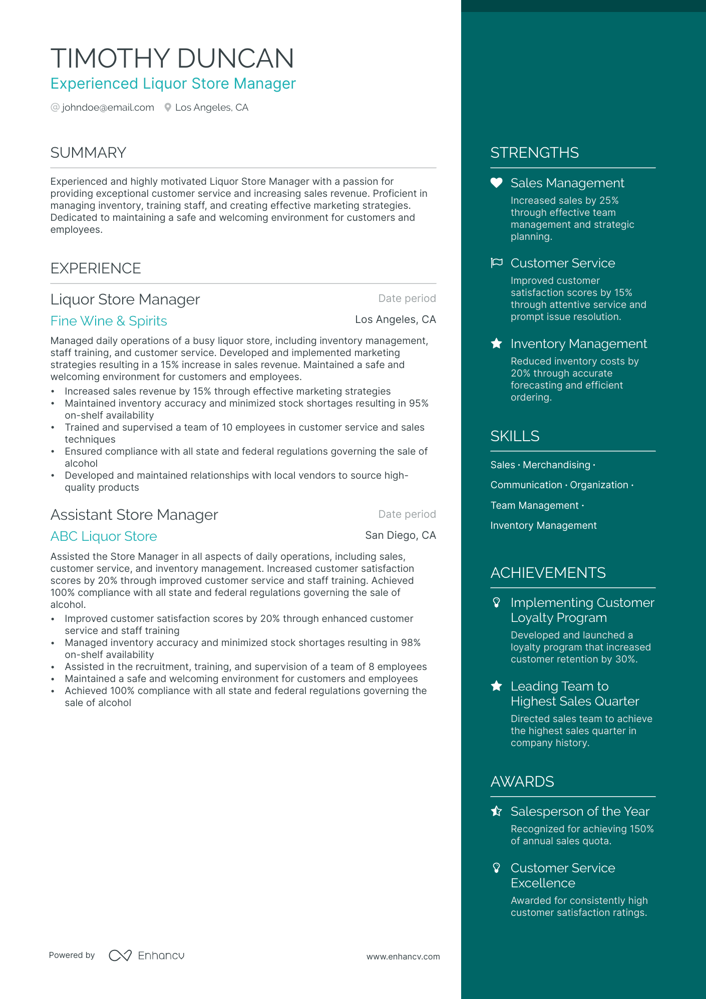 Liquor Store Manager Resume Example