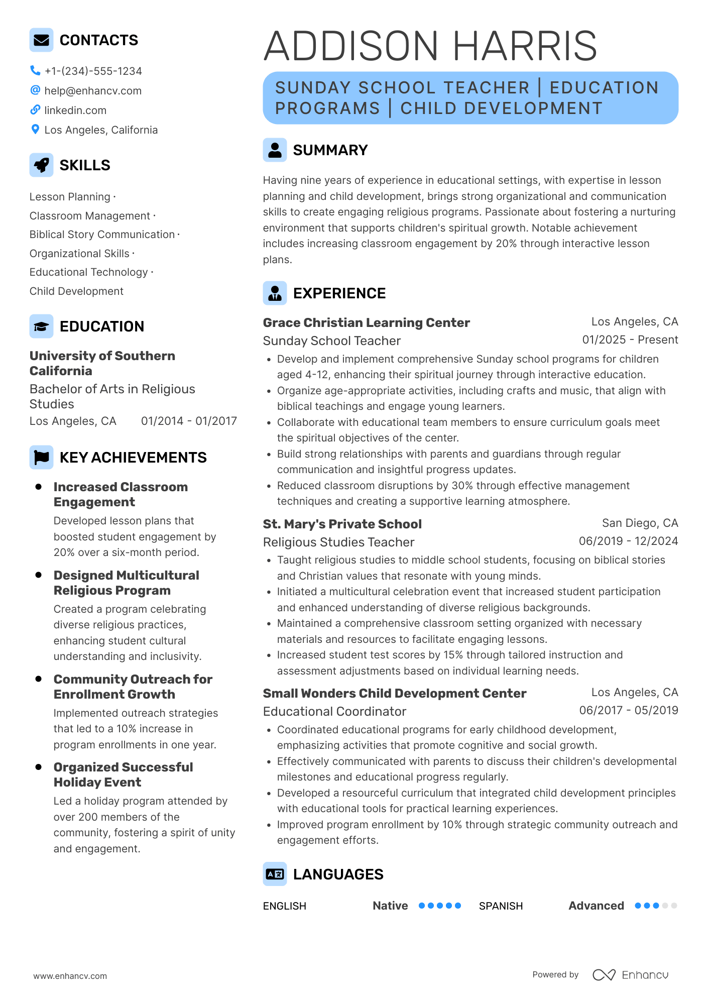 Sunday School Teacher Resume Example