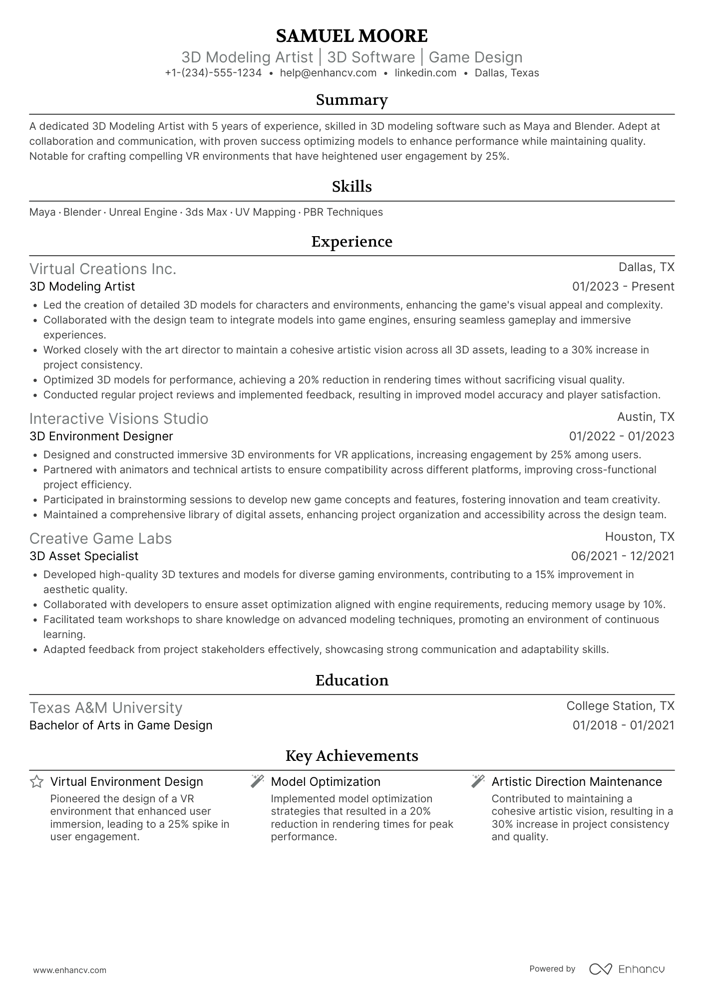 3D Modeling Artist Resume Example
